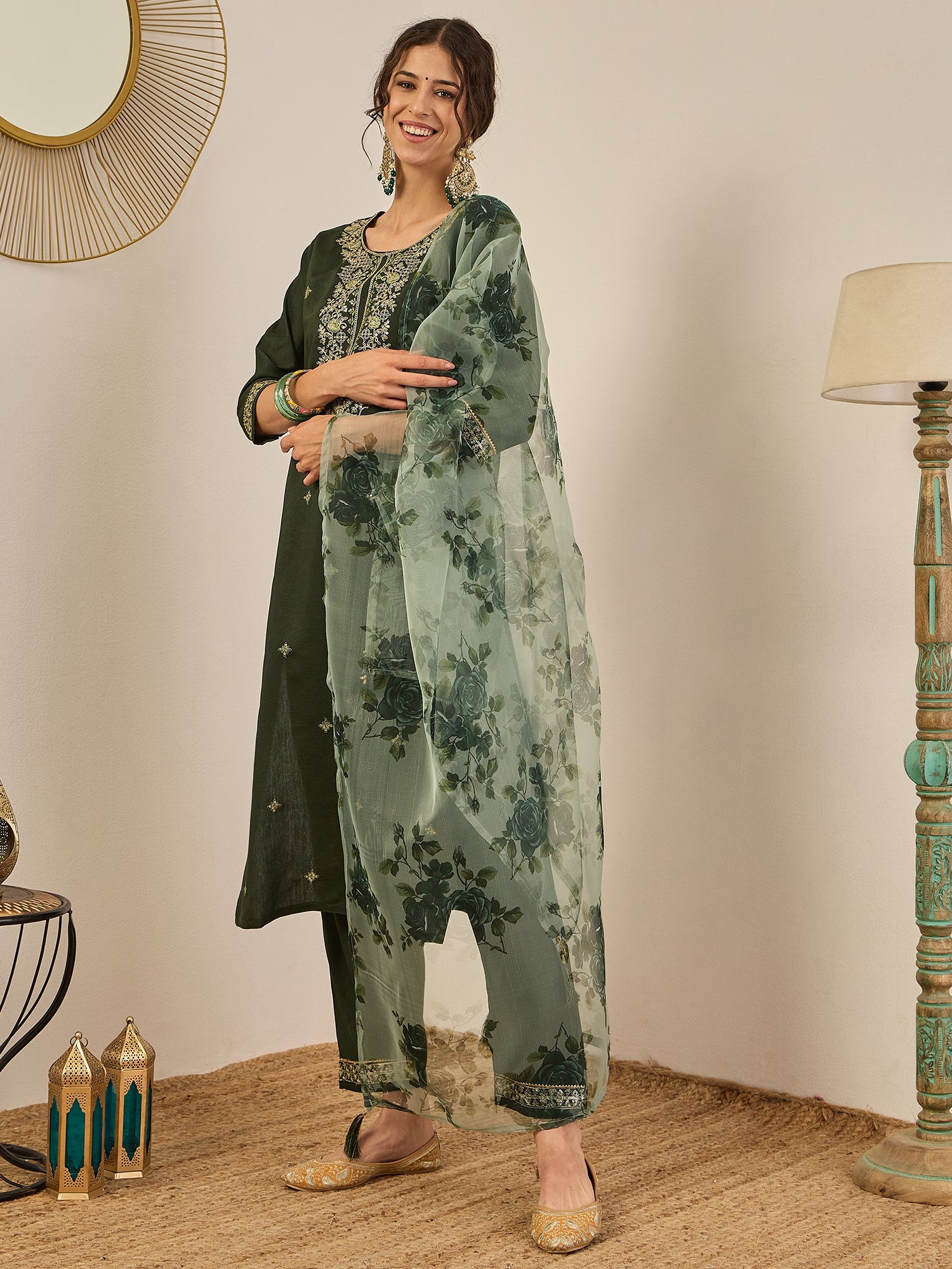 VredeVogel Women’s Viscose Rayon Kurta Pant Set Embroidered Ethnic Wear with Organza Dupatta