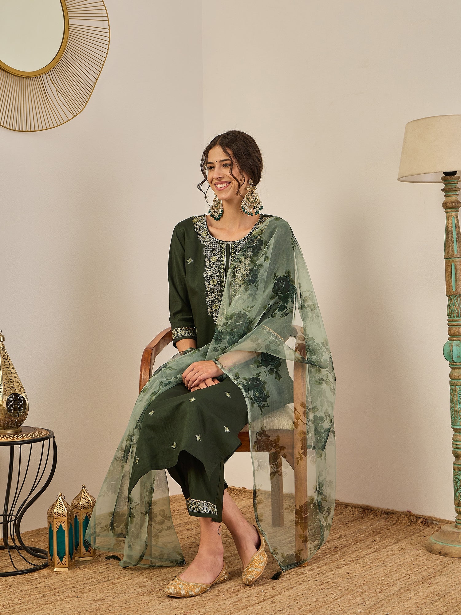 VredeVogel Women’s Viscose Rayon Kurta Pant Set Embroidered Ethnic Wear with Organza Dupatta