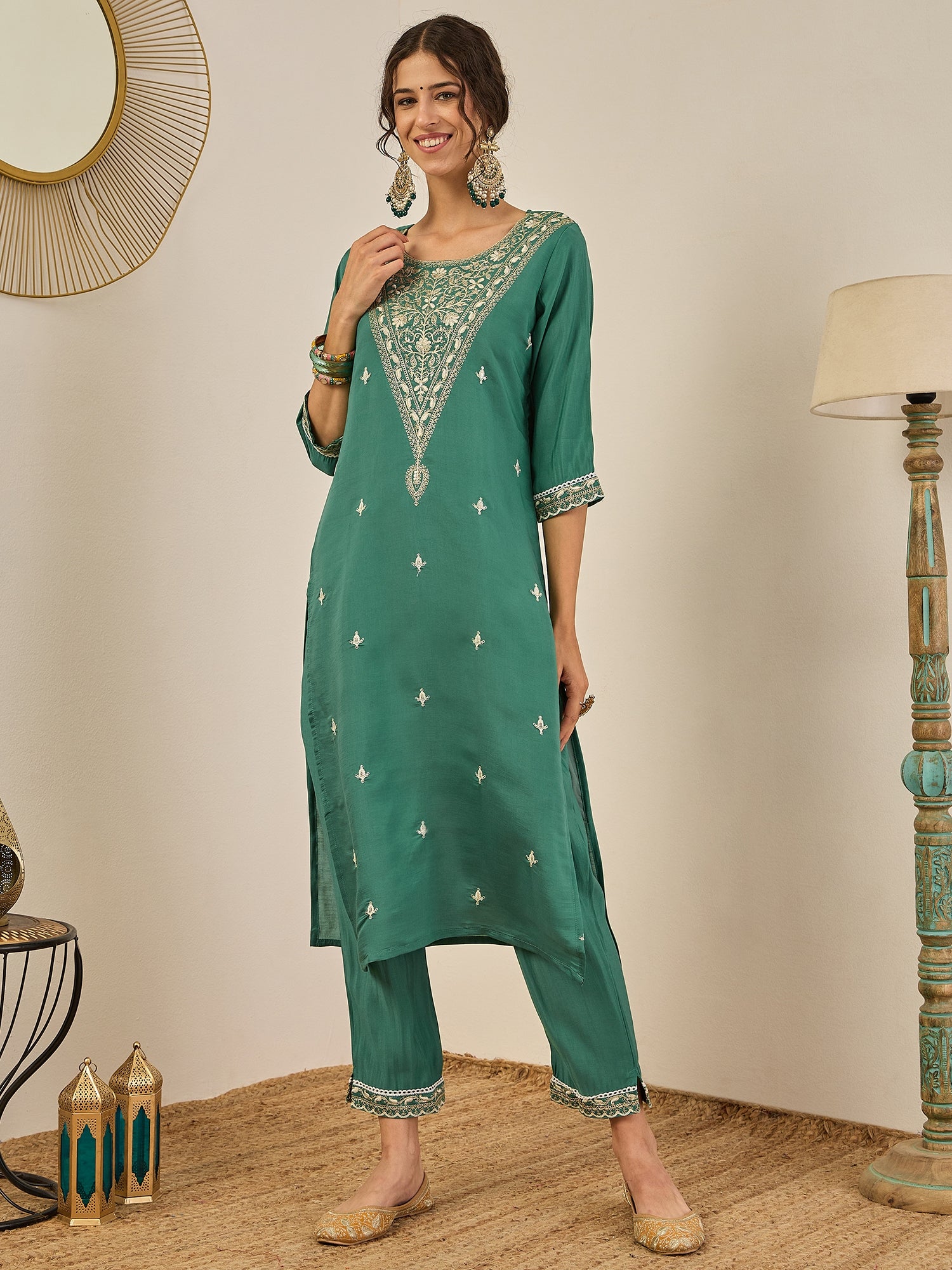 Rahi Teal Embroidered Silk Blend Straight Suit With Dupatta