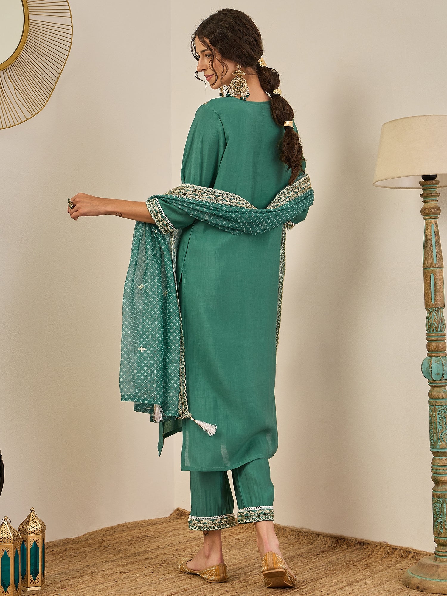 Rahi Teal Embroidered Silk Blend Straight Suit With Dupatta