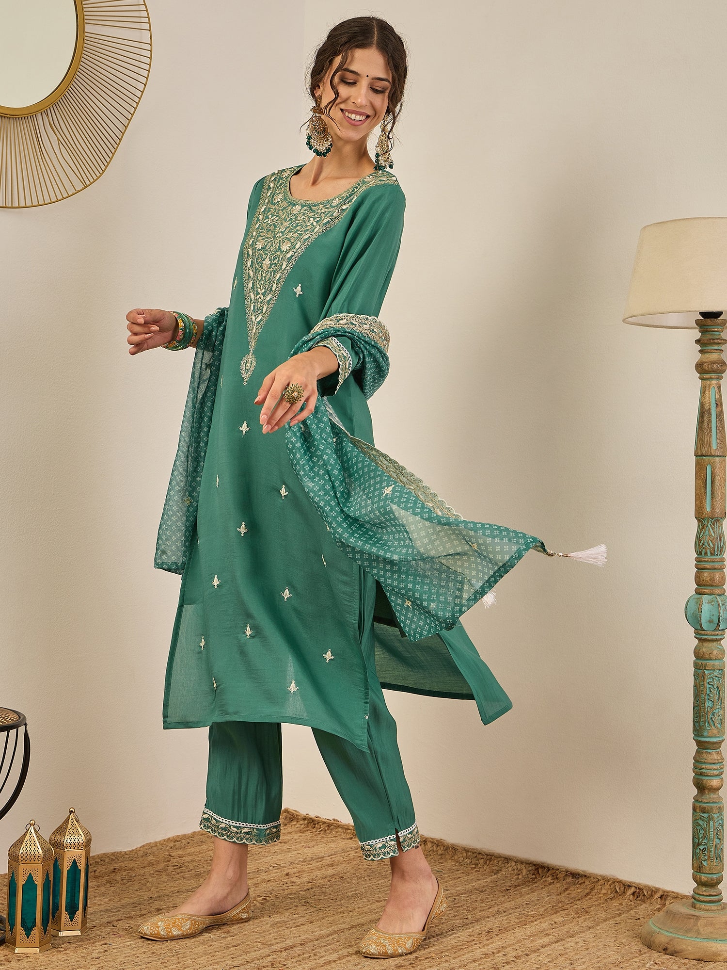 Rahi Teal Embroidered Silk Blend Straight Suit With Dupatta