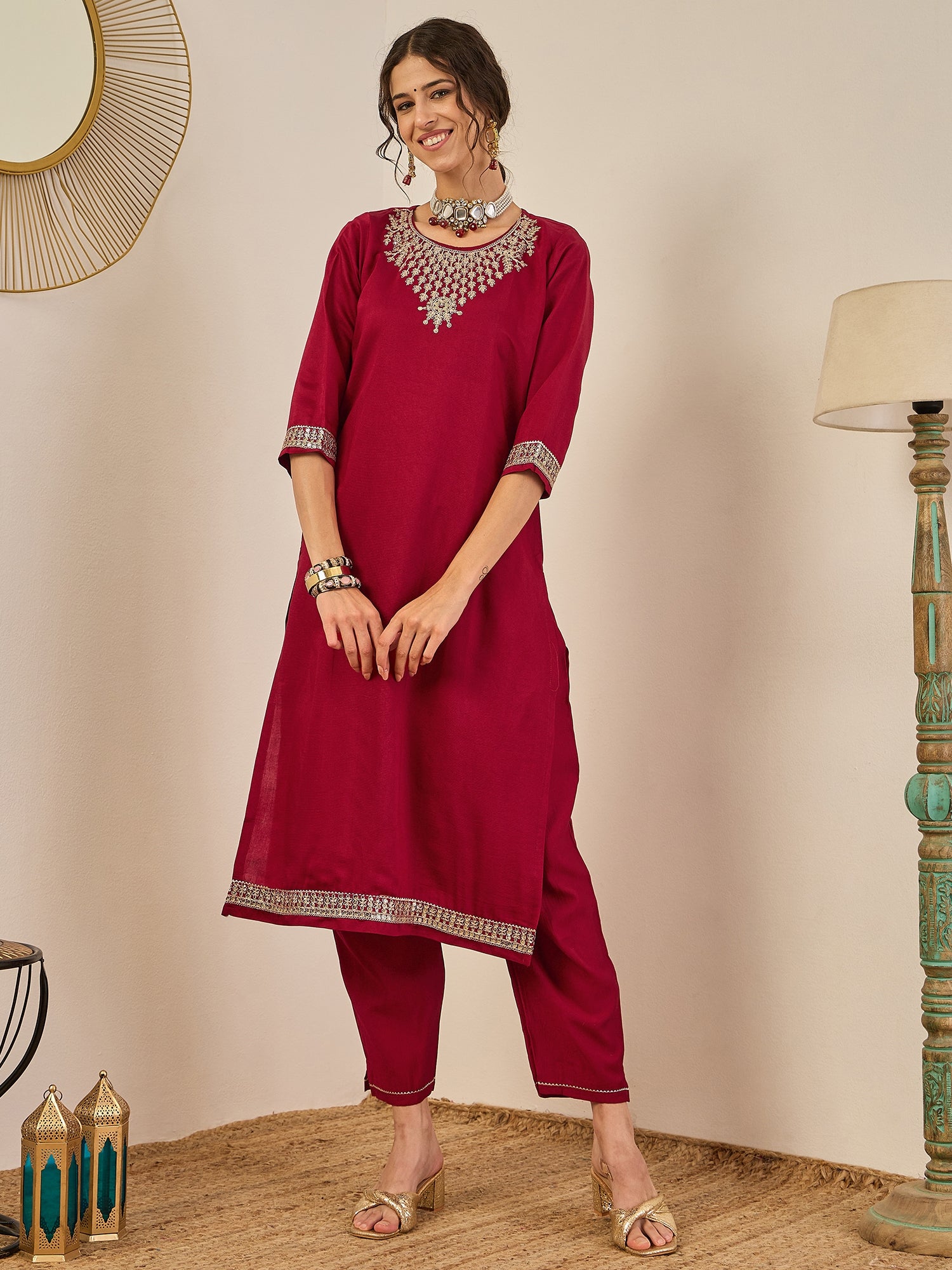 Divyaa Womens Embroidered Viscose Rayon Kurta Pant Set with Chanderi Silk Dupatta Stylish Ethnic Wear