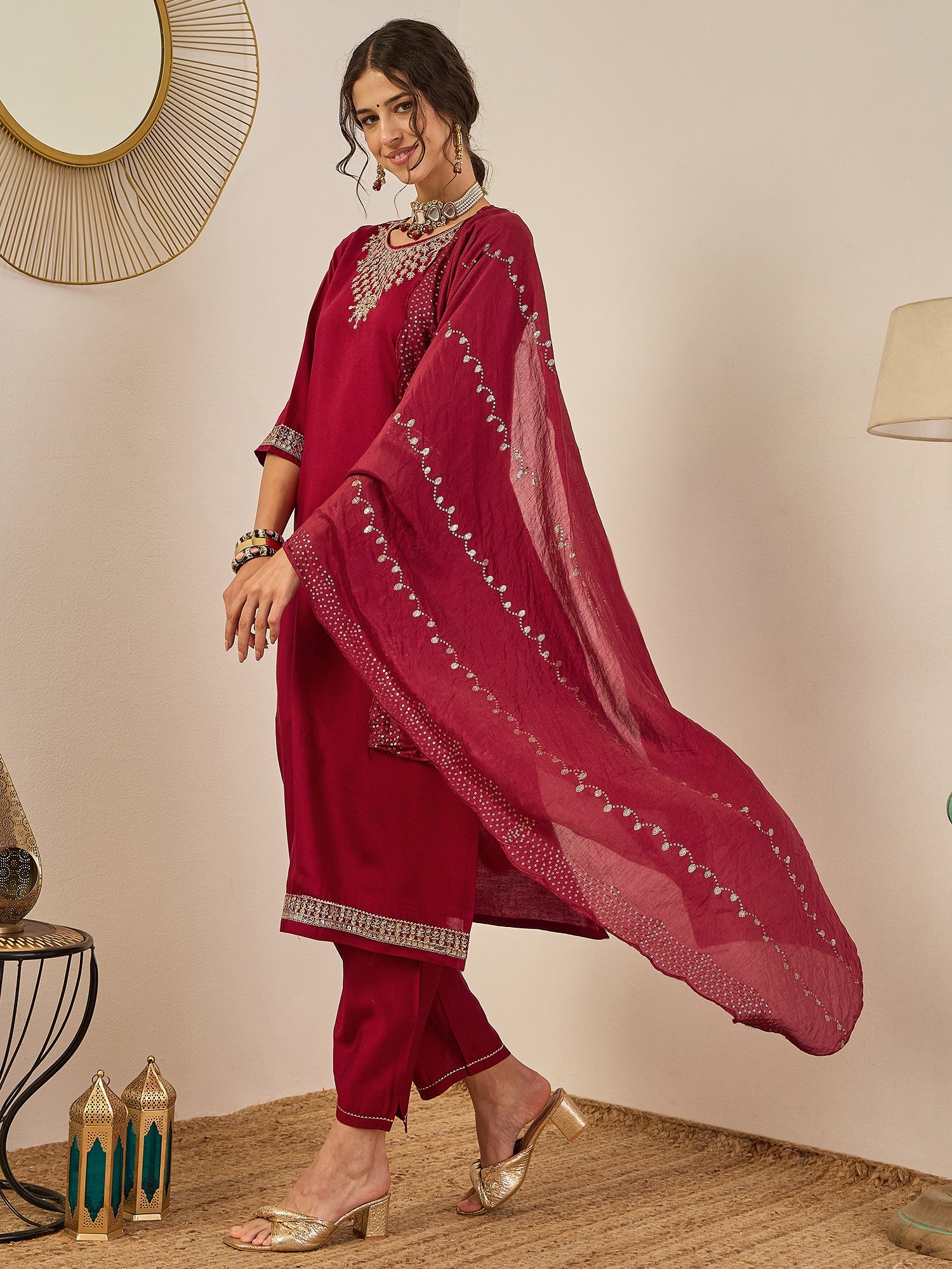 Divyaa Womens Embroidered Viscose Rayon Kurta Pant Set with Chanderi Silk Dupatta Stylish Ethnic Wear