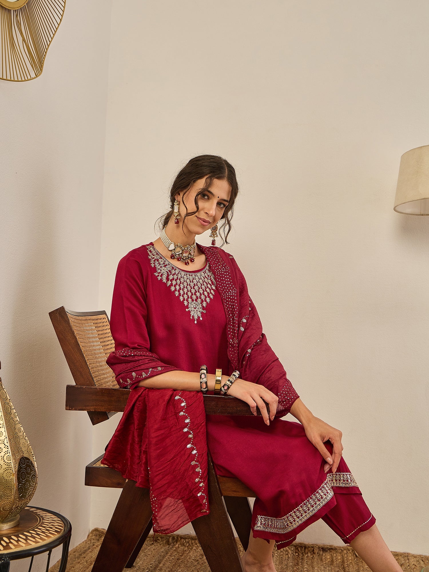 Divyaa Womens Embroidered Viscose Rayon Kurta Pant Set with Chanderi Silk Dupatta Stylish Ethnic Wear