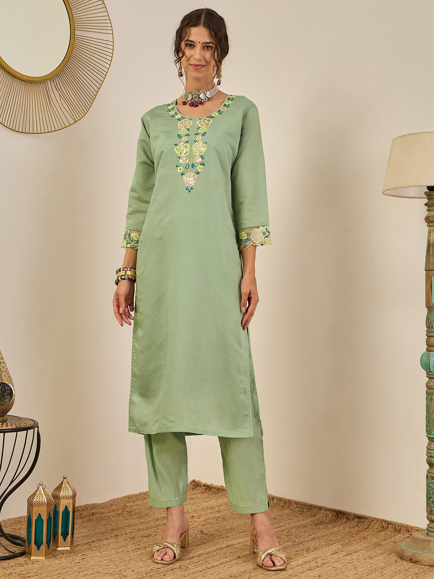 Shailee Women's Embroidered Viscose Roman Silk Kurta Pant Set with Organza Dupatta Elegant Lightweight Ethnic Wear