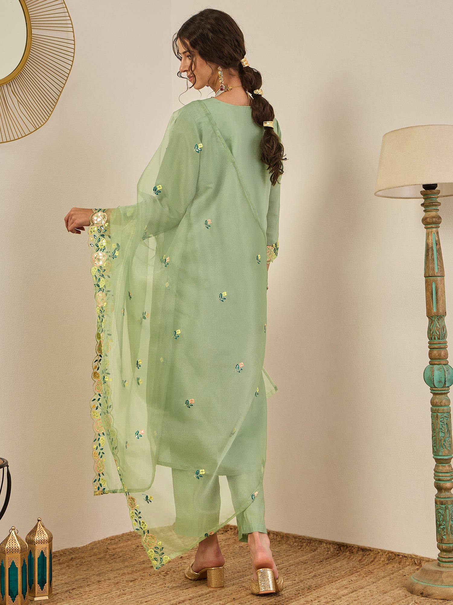 Shailee Women's Embroidered Viscose Roman Silk Kurta Pant Set with Organza Dupatta Elegant Lightweight Ethnic Wear