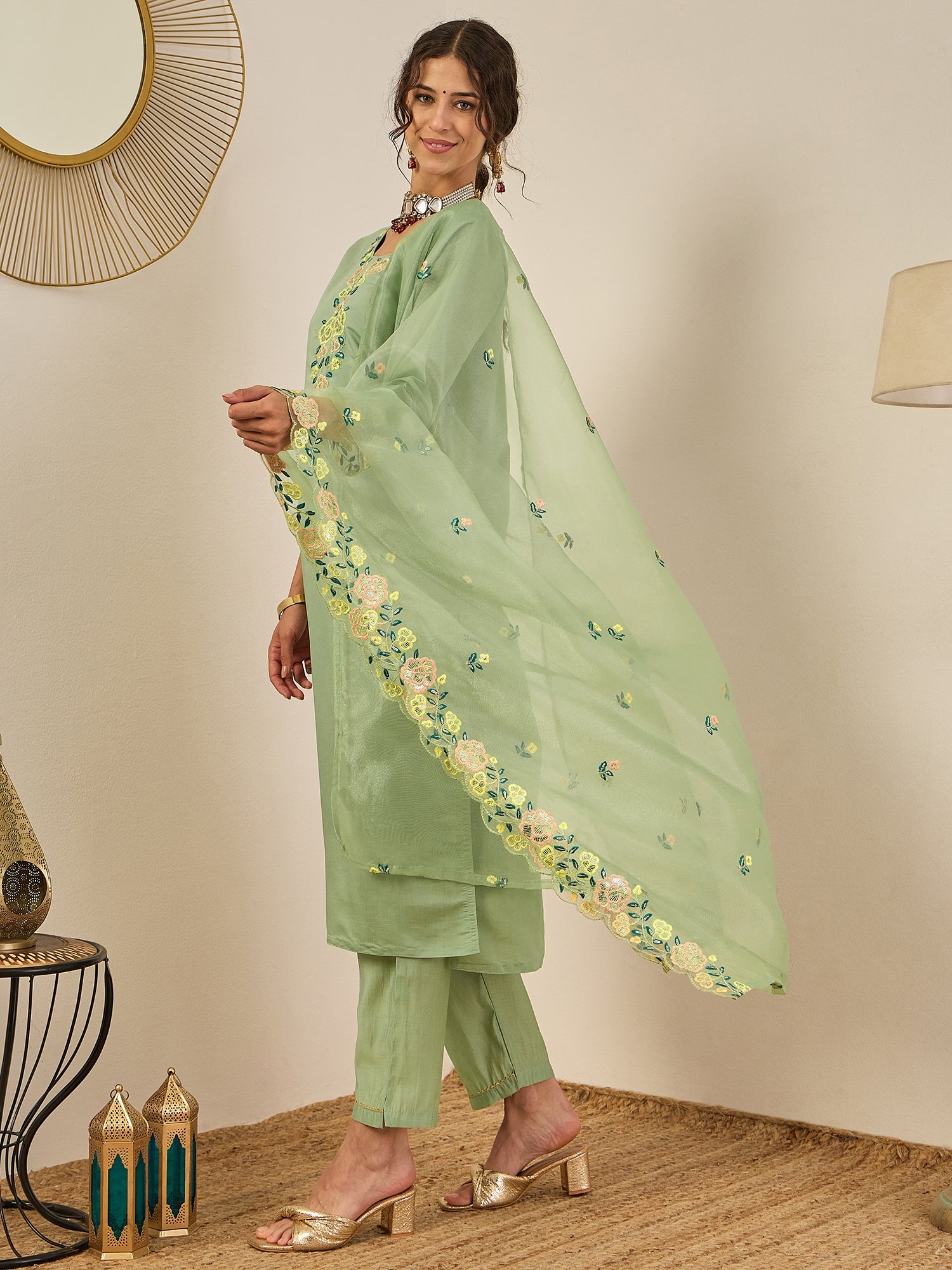 Shailee Women's Embroidered Viscose Roman Silk Kurta Pant Set with Organza Dupatta Elegant Lightweight Ethnic Wear