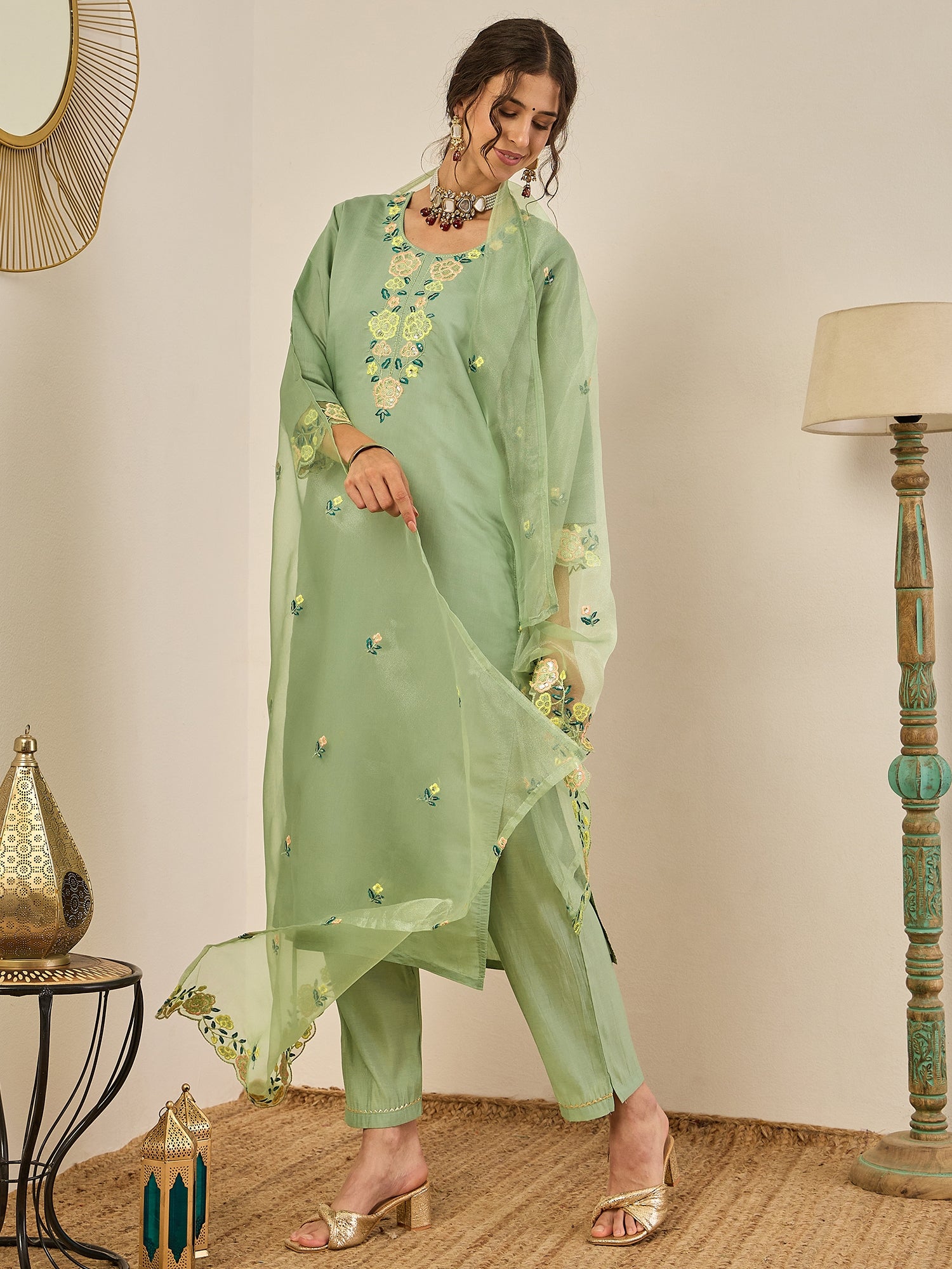 Shailee Women's Embroidered Viscose Roman Silk Kurta Pant Set with Organza Dupatta Elegant Lightweight Ethnic Wear