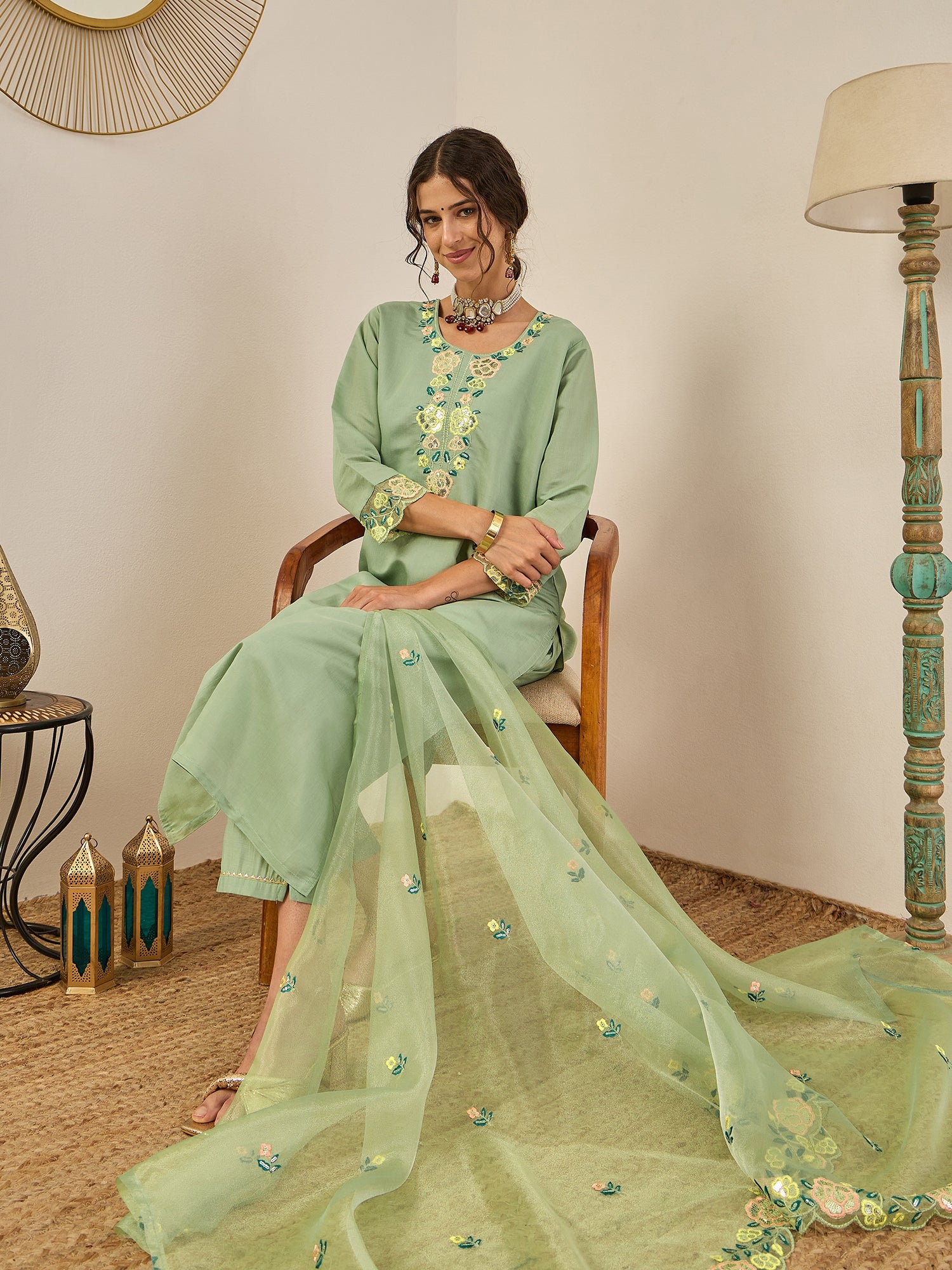 Shailee Women's Embroidered Viscose Roman Silk Kurta Pant Set with Organza Dupatta Elegant Lightweight Ethnic Wear