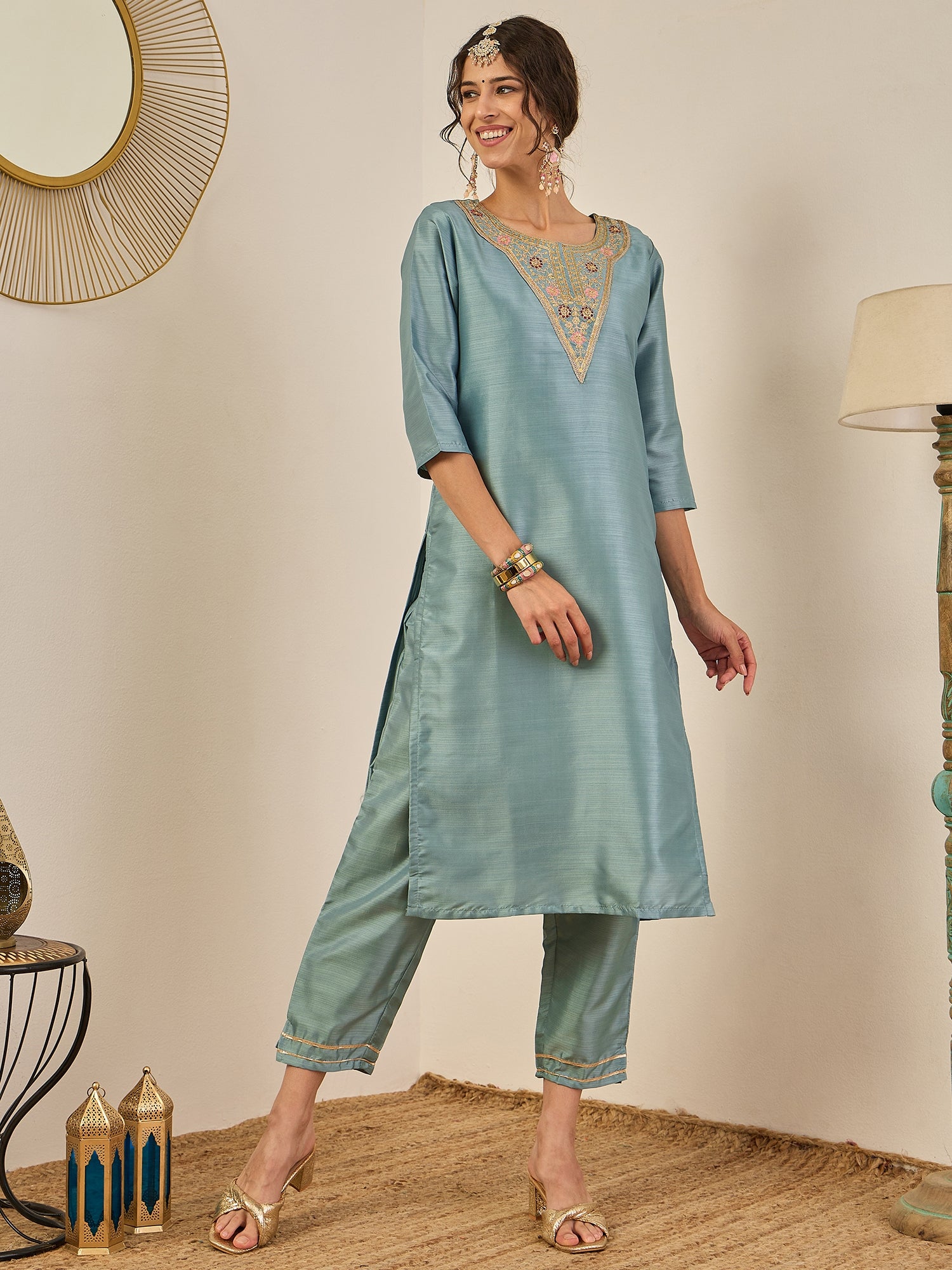 Zehra Womens Silk Blend Embroidered Kurta Pant Set with Dupatta Elegant Ready to Wear
