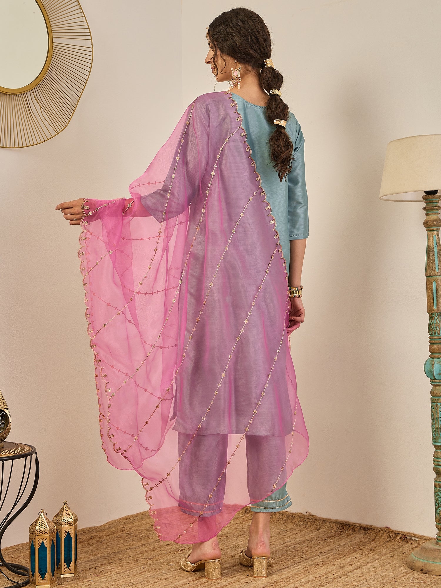 Zehra Womens Silk Blend Embroidered Kurta Pant Set with Dupatta Elegant Ready to Wear