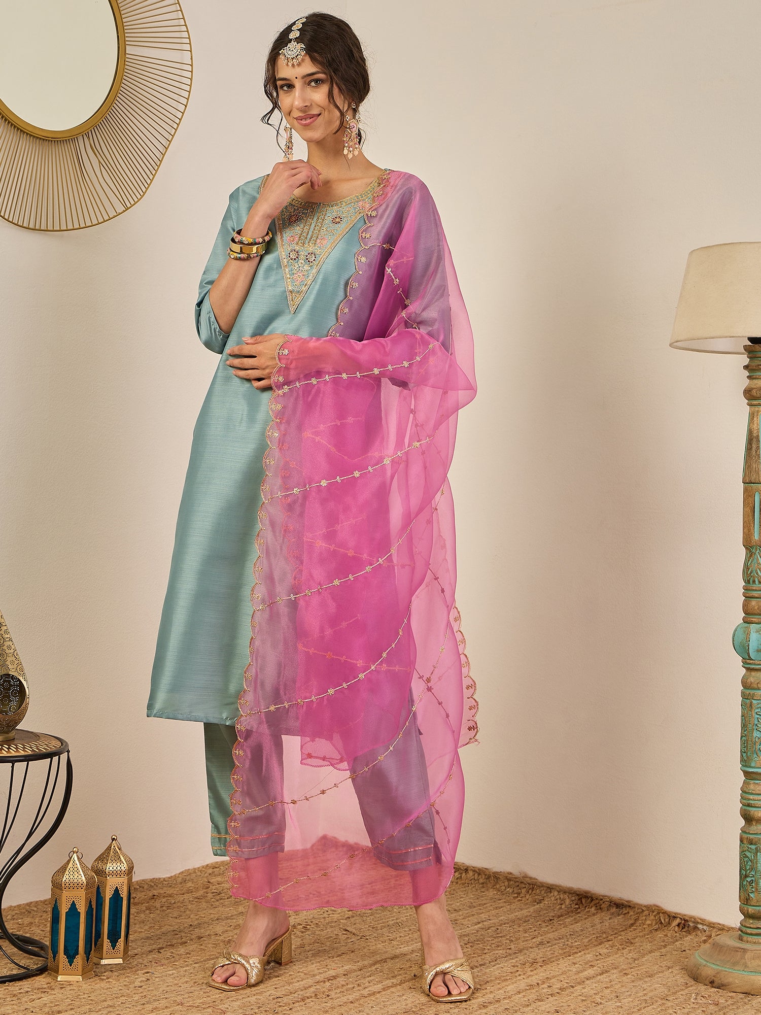 Zehra Womens Silk Blend Embroidered Kurta Pant Set with Dupatta Elegant Ready to Wear