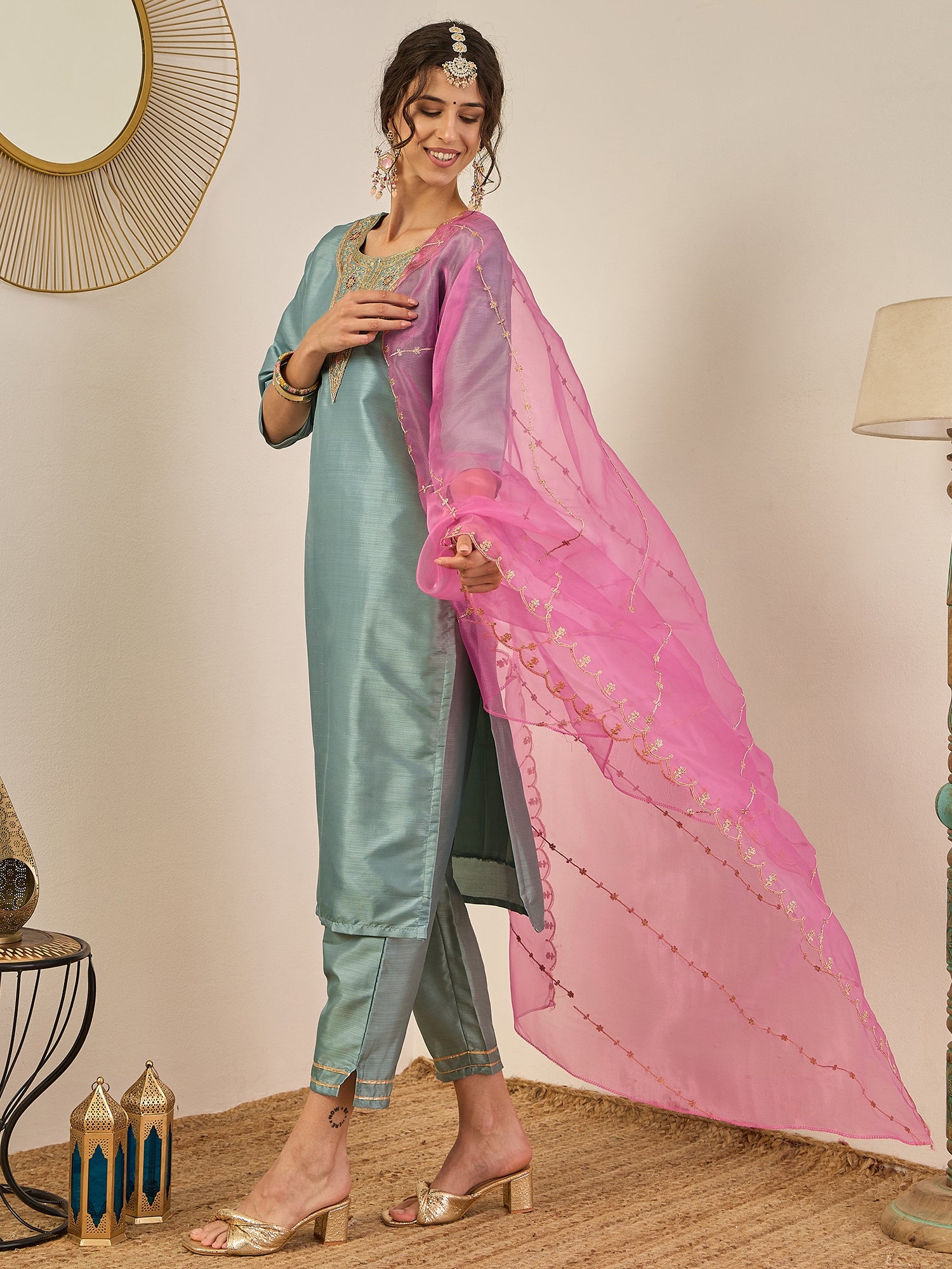Zehra Womens Silk Blend Embroidered Kurta Pant Set with Dupatta Elegant Ready to Wear