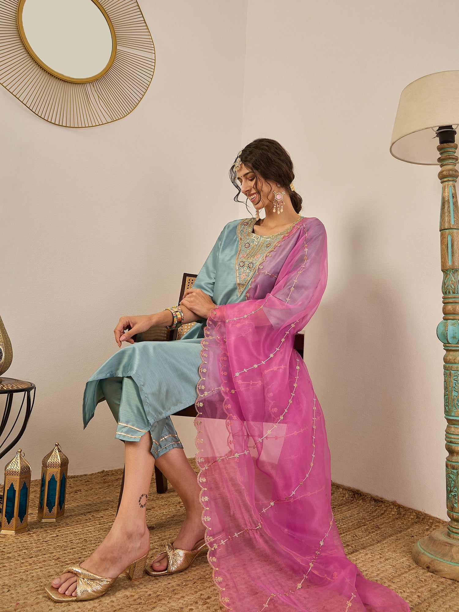 Zehra Womens Silk Blend Embroidered Kurta Pant Set with Dupatta Elegant Ready to Wear