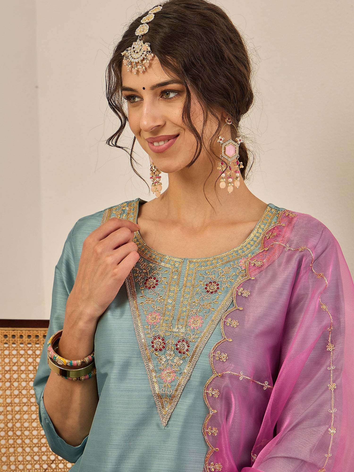 Zehra Womens Silk Blend Embroidered Kurta Pant Set with Dupatta Elegant Ready to Wear