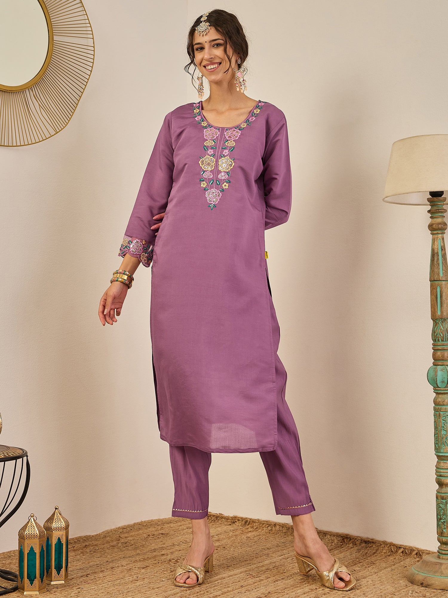 Shailee Women's Embroidered Viscose Roman Silk Kurta Pant Set with Organza Dupatta Elegant Lightweight Ethnic Wear
