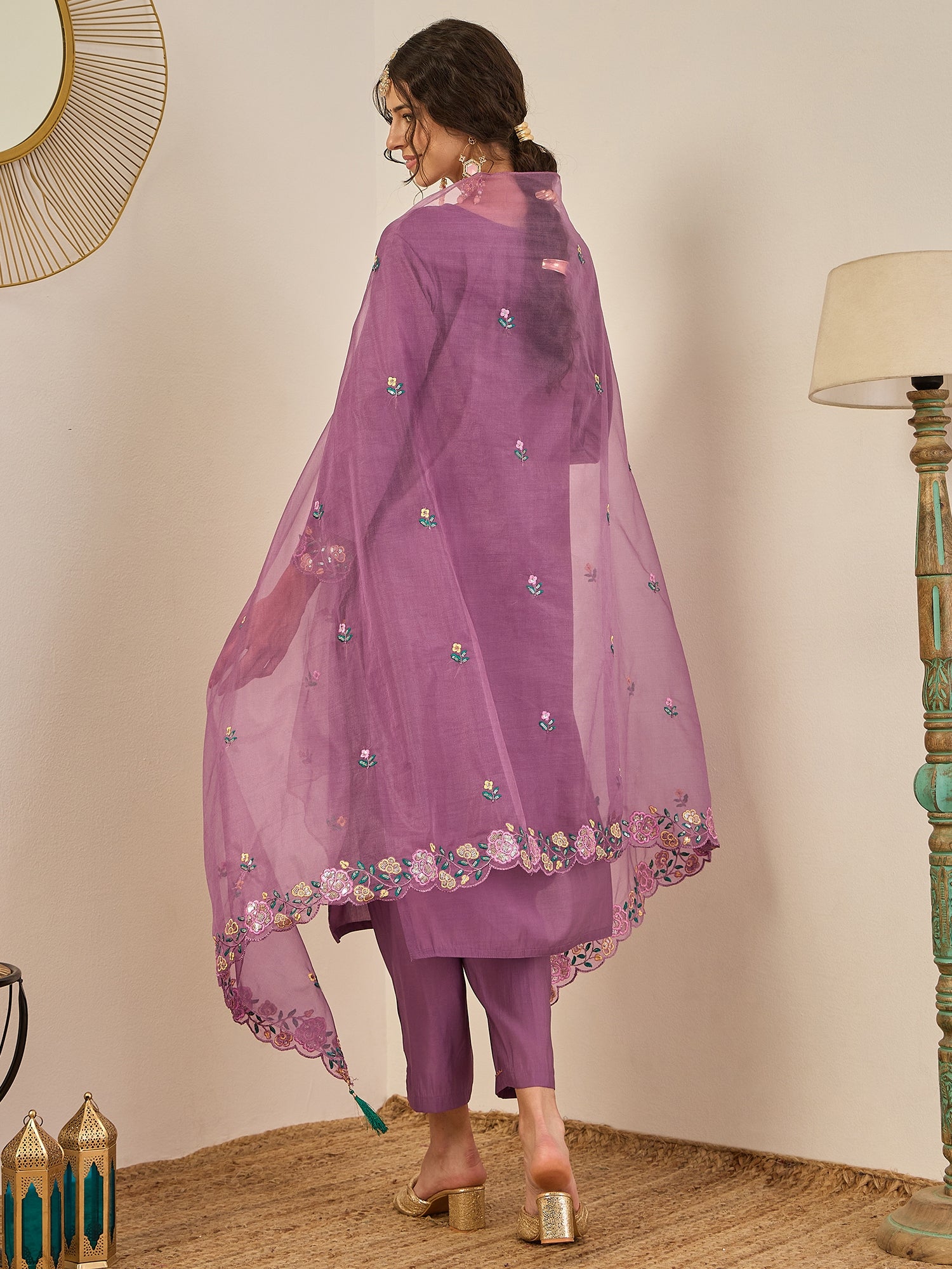 Shailee Women's Embroidered Viscose Roman Silk Kurta Pant Set with Organza Dupatta Elegant Lightweight Ethnic Wear