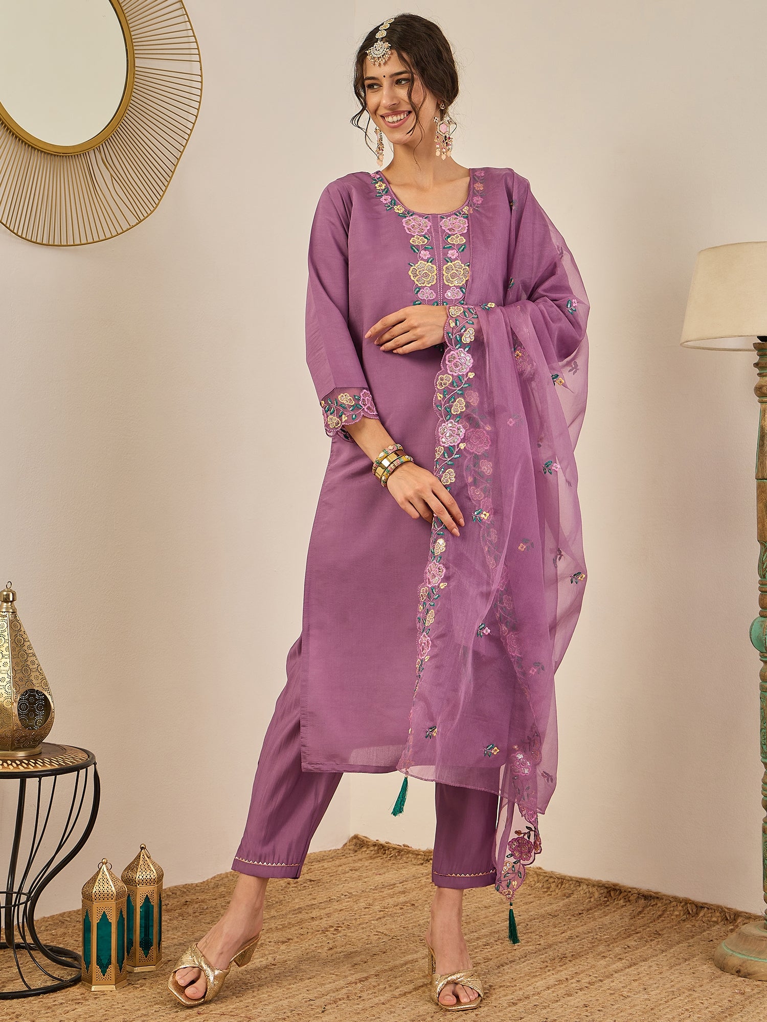 Shailee Women's Embroidered Viscose Roman Silk Kurta Pant Set with Organza Dupatta Elegant Lightweight Ethnic Wear