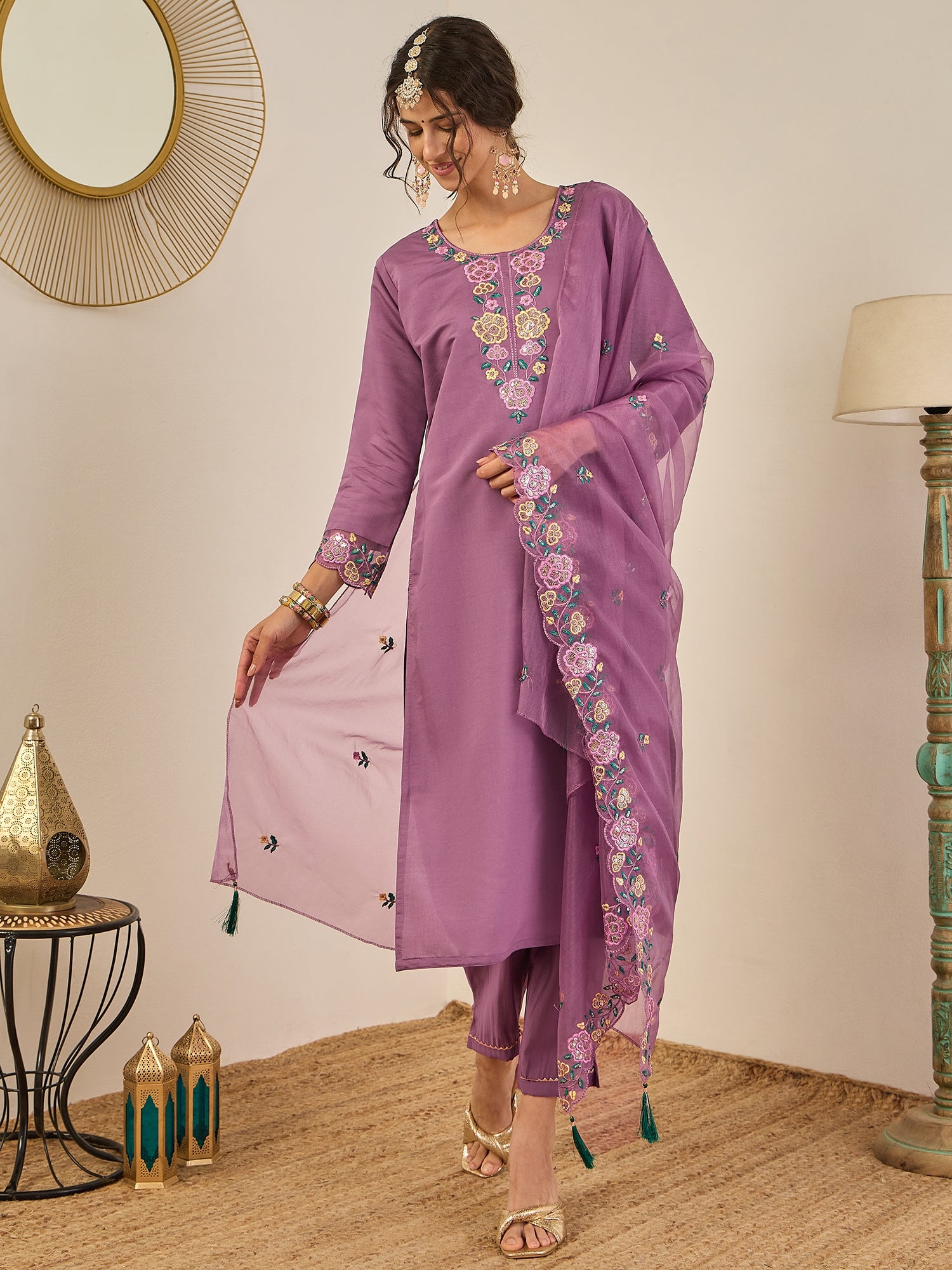 Shailee Women's Embroidered Viscose Roman Silk Kurta Pant Set with Organza Dupatta Elegant Lightweight Ethnic Wear