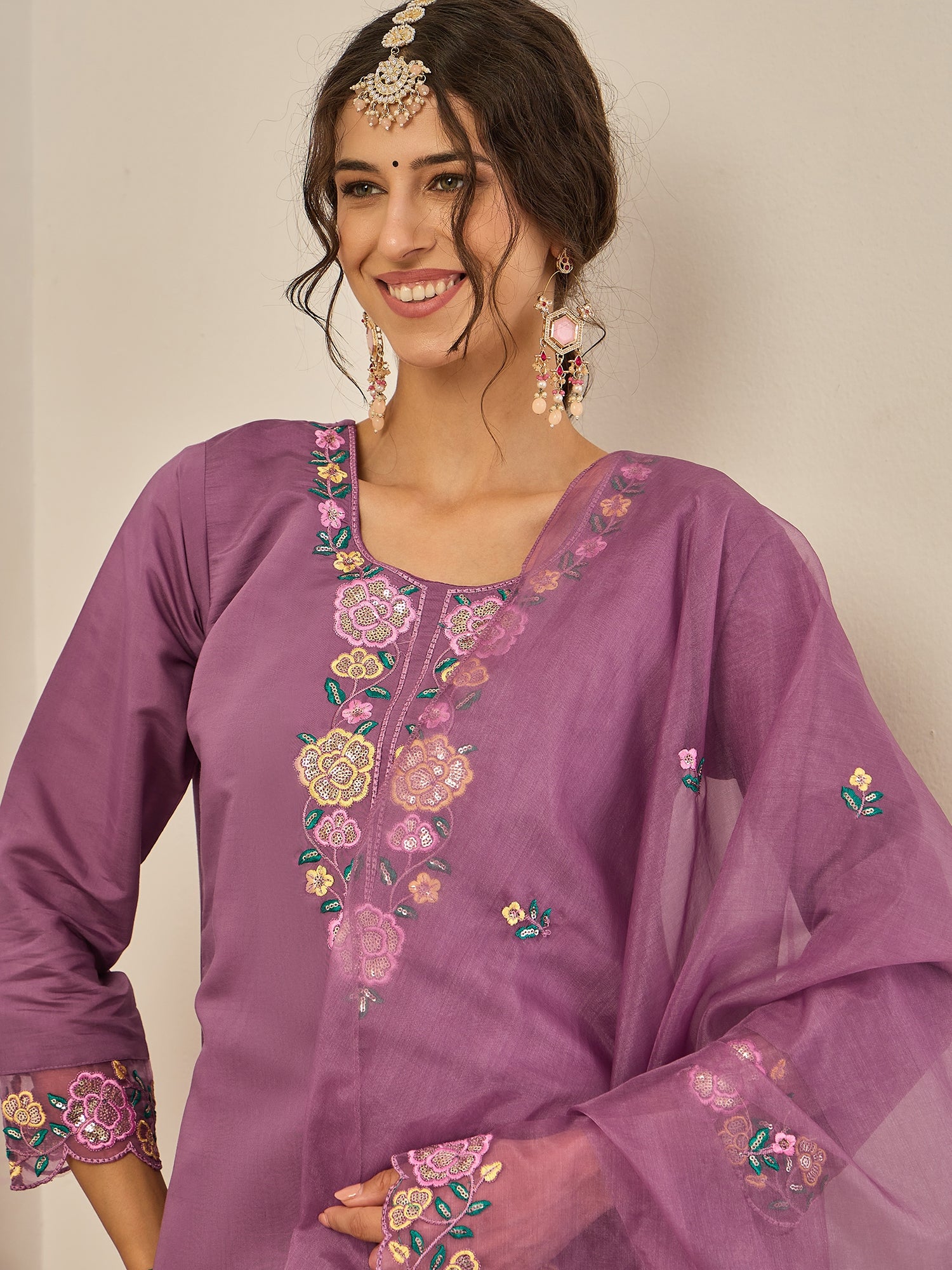 Shailee Women's Embroidered Viscose Roman Silk Kurta Pant Set with Organza Dupatta Elegant Lightweight Ethnic Wear