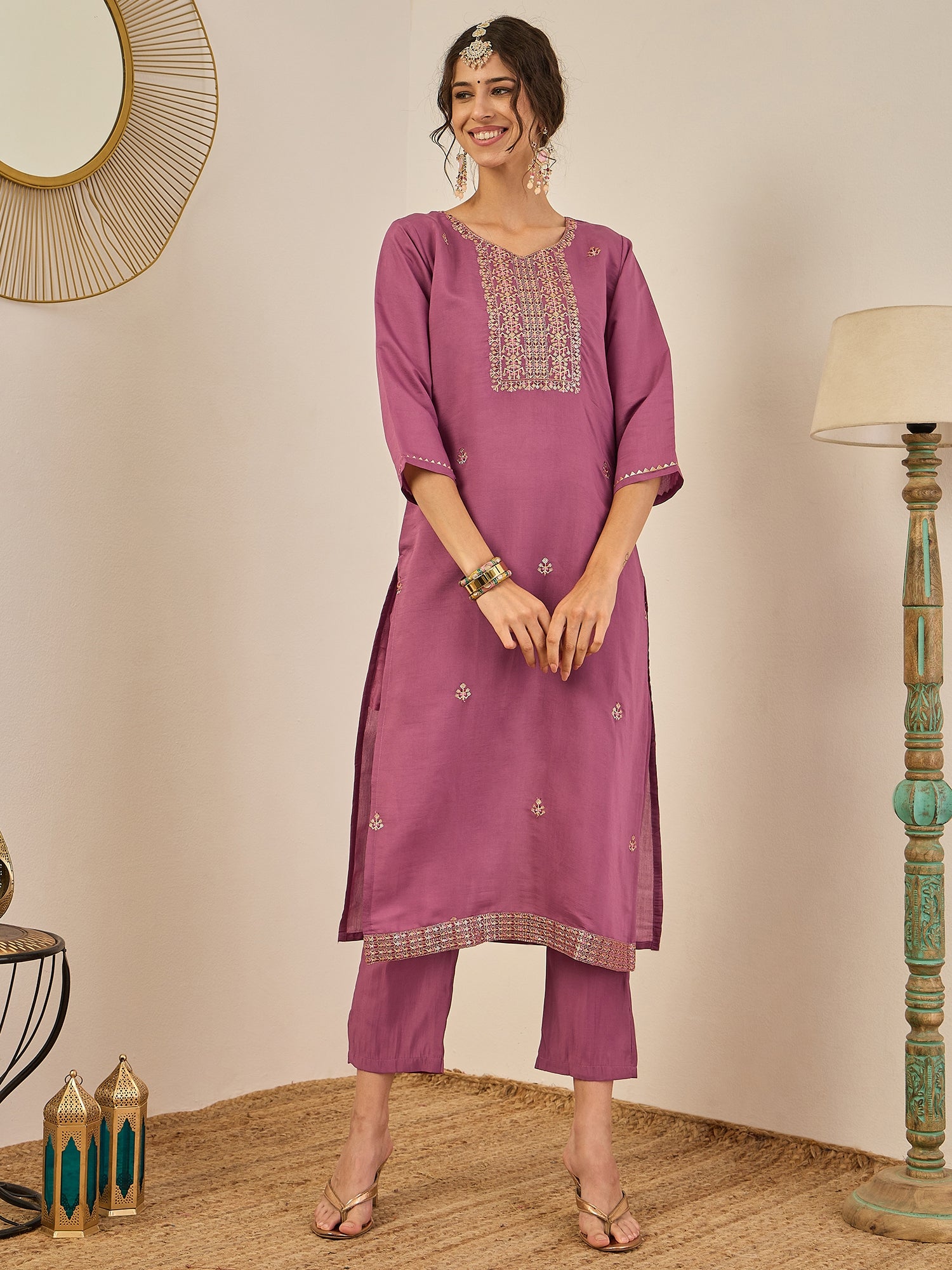 Vedhika Women's Embroidered Silk Blend Calf Length Straight Kurta Trouser with Dupatta Set