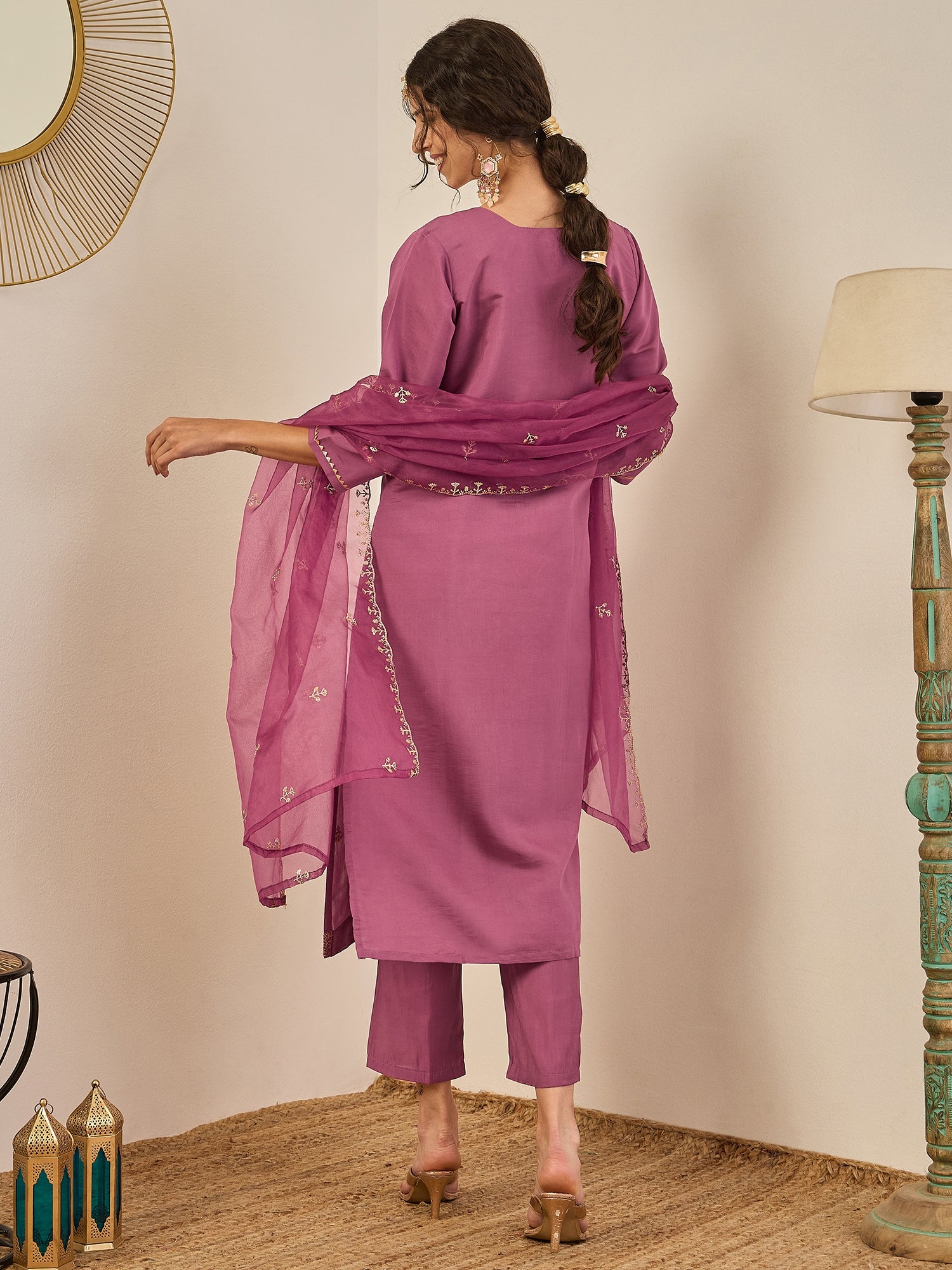 Vedhika Women's Embroidered Silk Blend Calf Length Straight Kurta Trouser with Dupatta Set