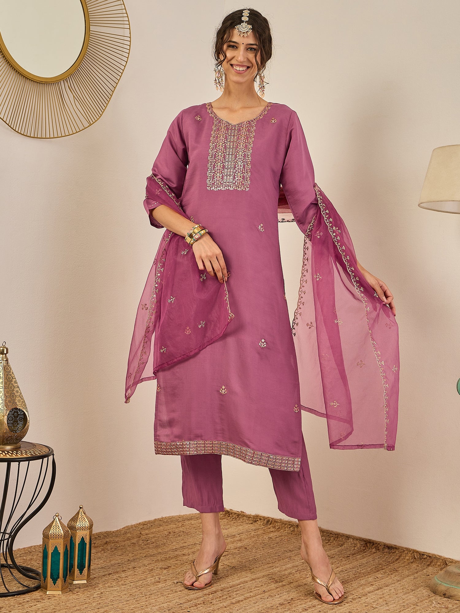 Vedhika Women's Embroidered Silk Blend Calf Length Straight Kurta Trouser with Dupatta Set