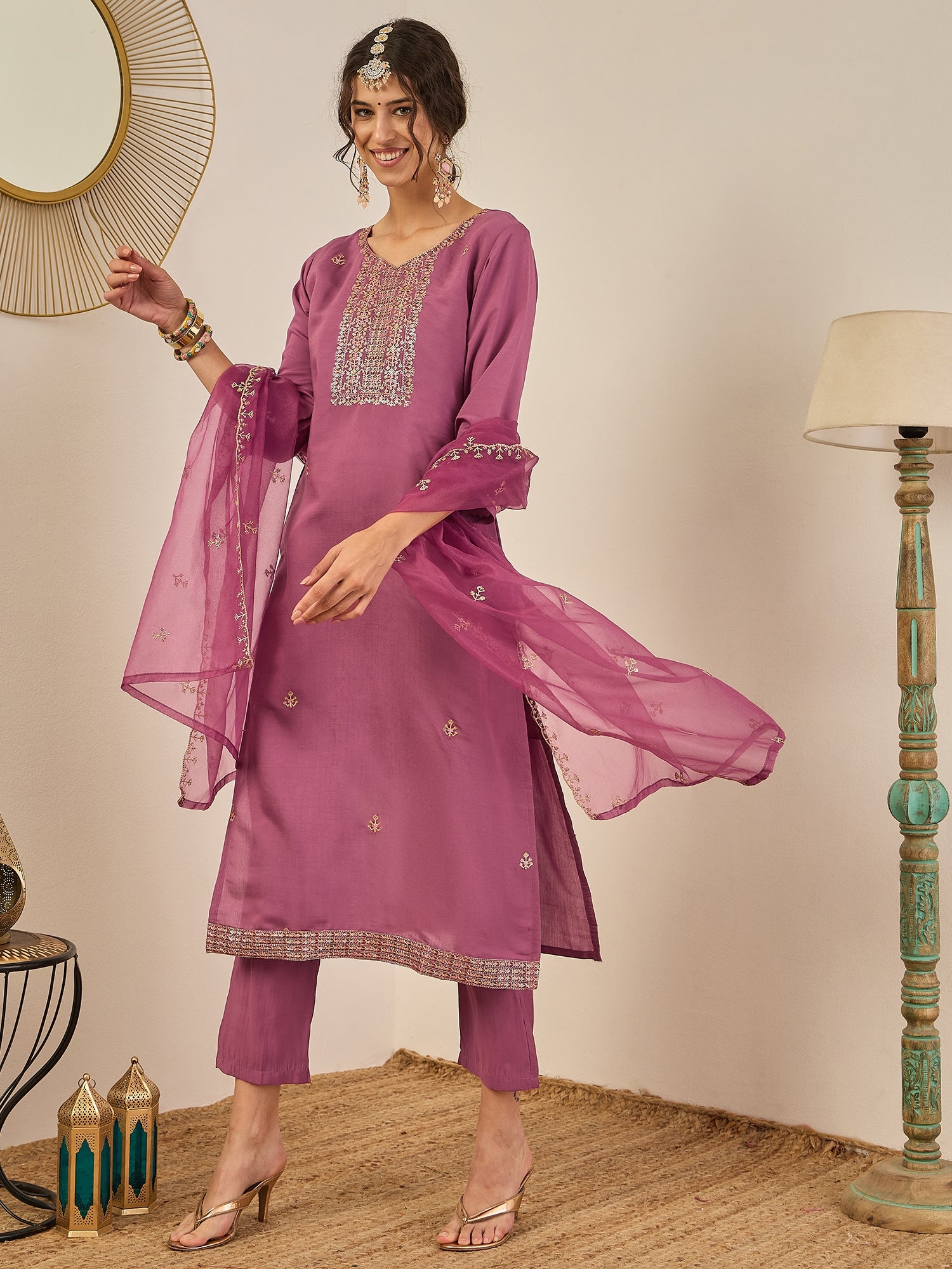Vedhika Women's Embroidered Silk Blend Calf Length Straight Kurta Trouser with Dupatta Set