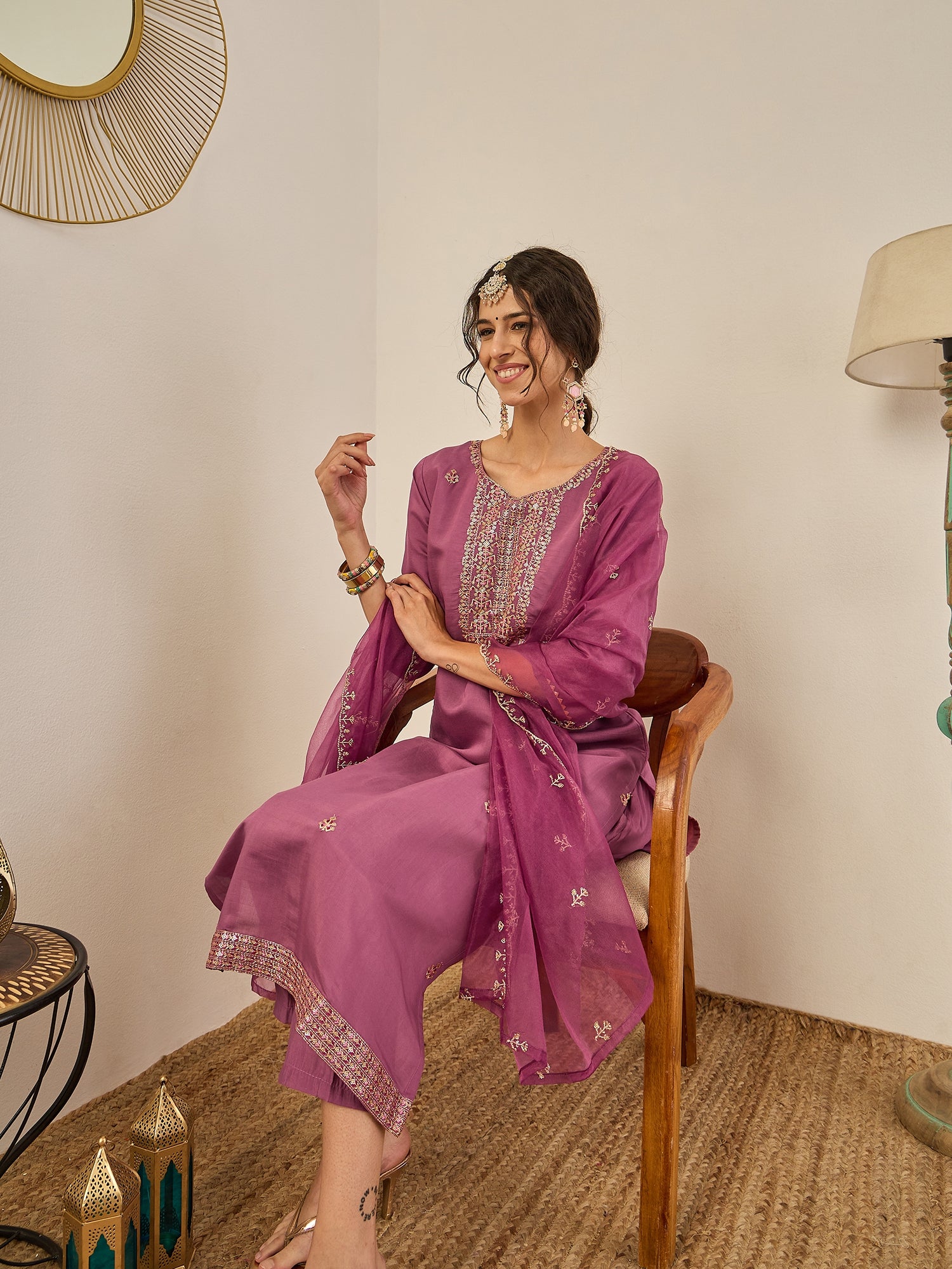 Vedhika Women's Embroidered Silk Blend Calf Length Straight Kurta Trouser with Dupatta Set