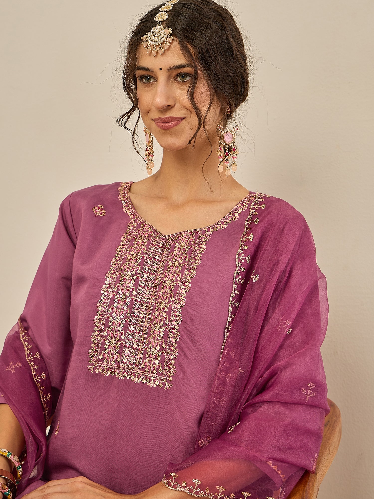 Vedhika Women's Embroidered Silk Blend Calf Length Straight Kurta Trouser with Dupatta Set