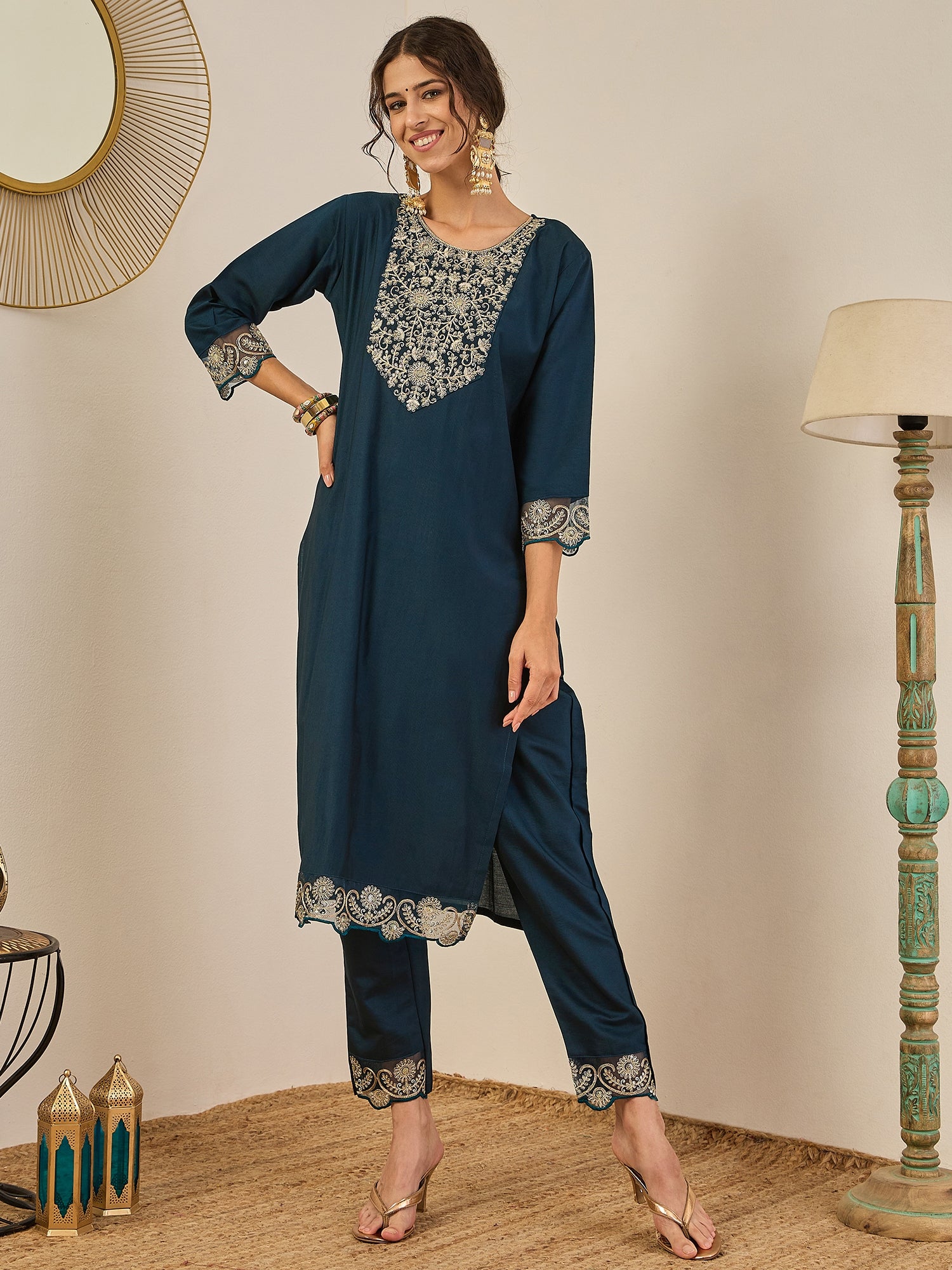 Sugandh Women’s Designer Embroidered Kurta Set – Festive Ethnic Wear with Organza Dupatta