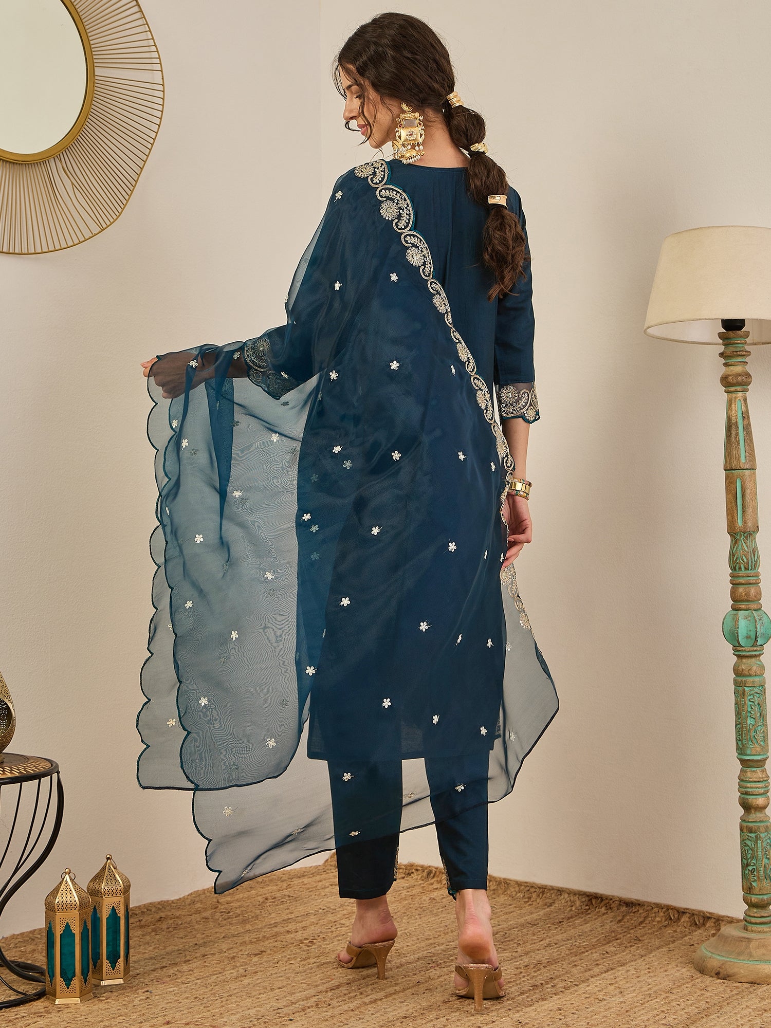 Sugandh Women’s Designer Embroidered Kurta Set – Festive Ethnic Wear with Organza Dupatta