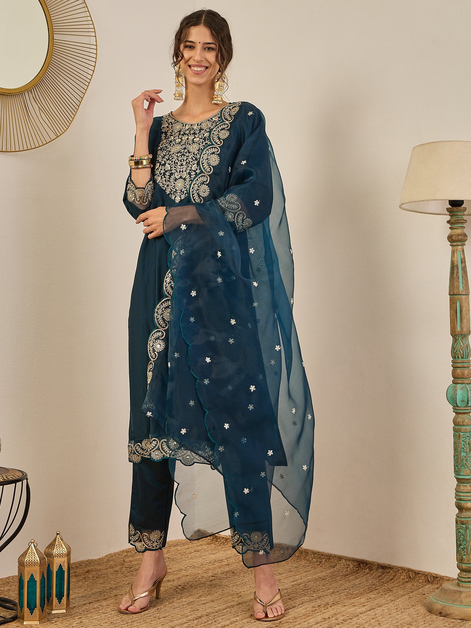 Sugandh Women’s Designer Embroidered Kurta Set – Festive Ethnic Wear with Organza Dupatta