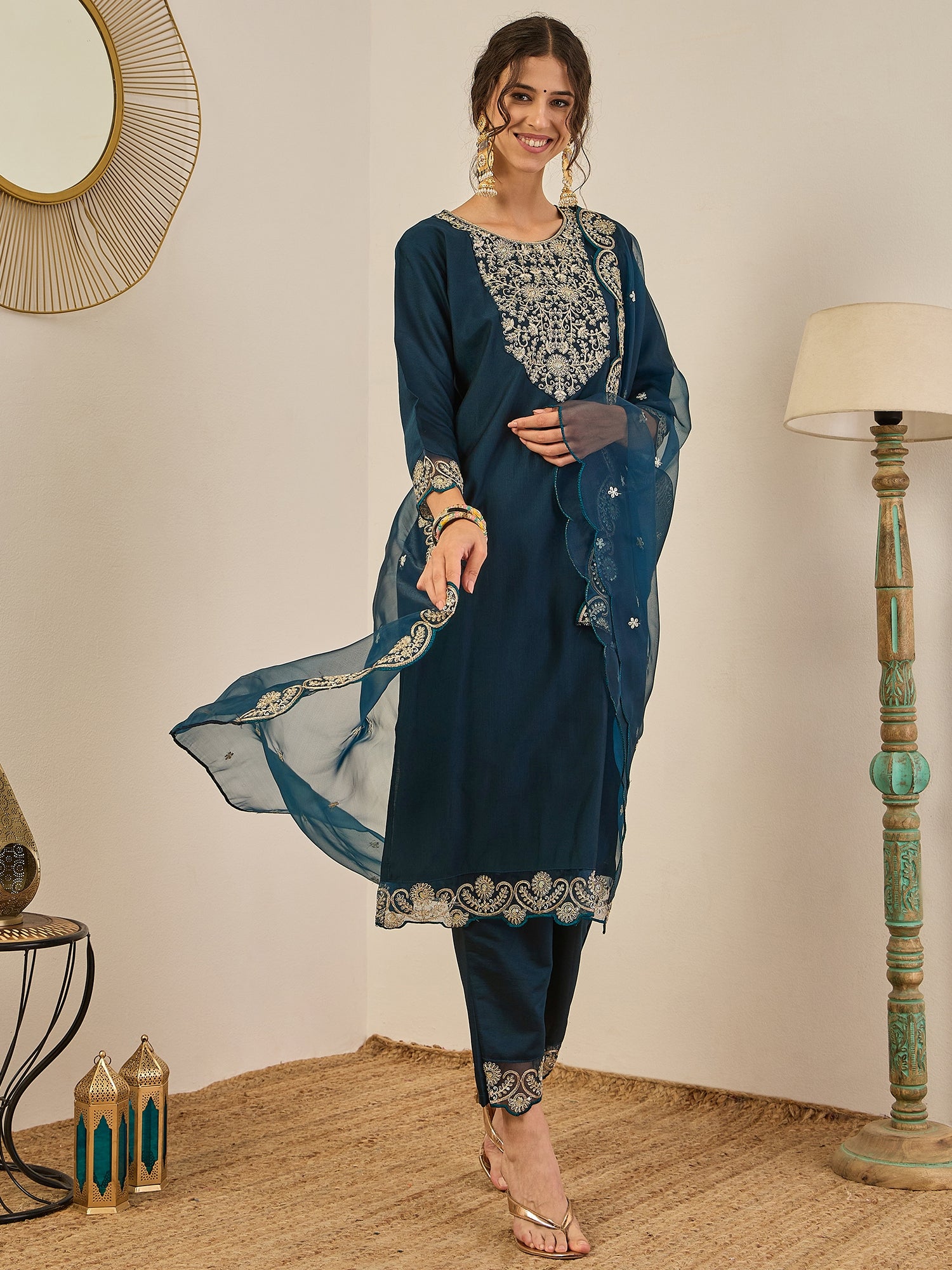 Sugandh Women’s Designer Embroidered Kurta Set – Festive Ethnic Wear with Organza Dupatta