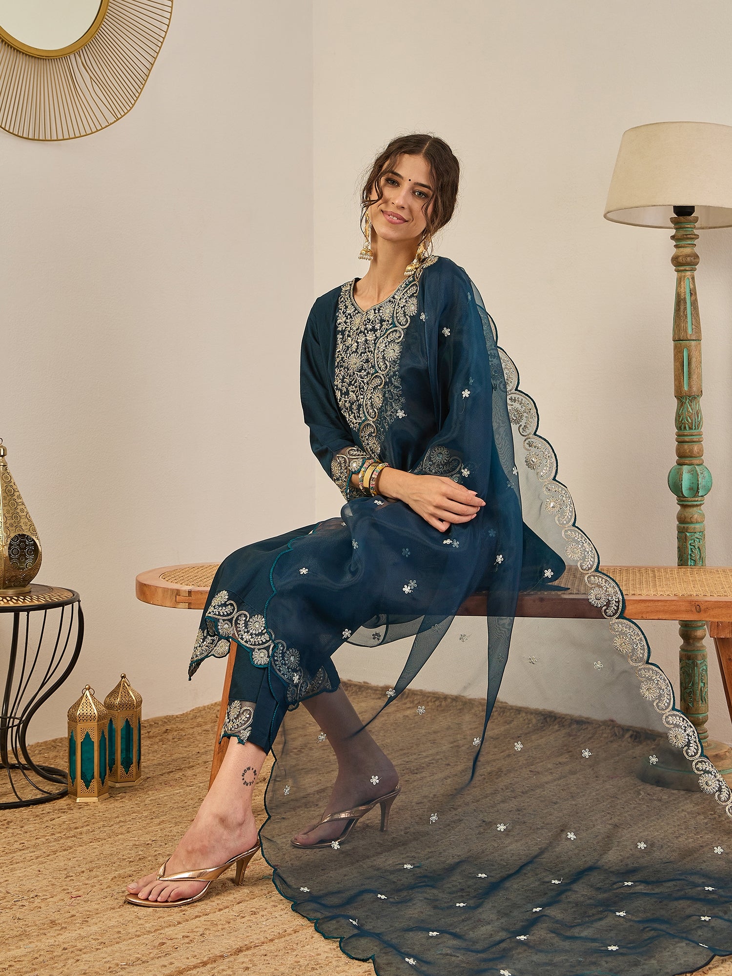 Sugandh Women’s Designer Embroidered Kurta Set – Festive Ethnic Wear with Organza Dupatta