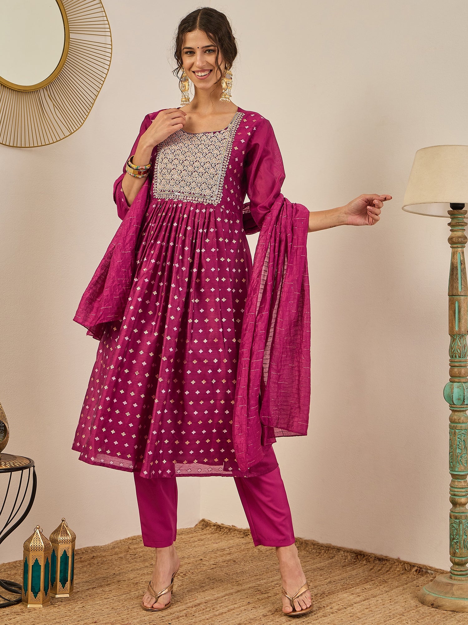 Phool Embroidered Chanderi Purple Suit Set with Dupatta Ethnic Sets