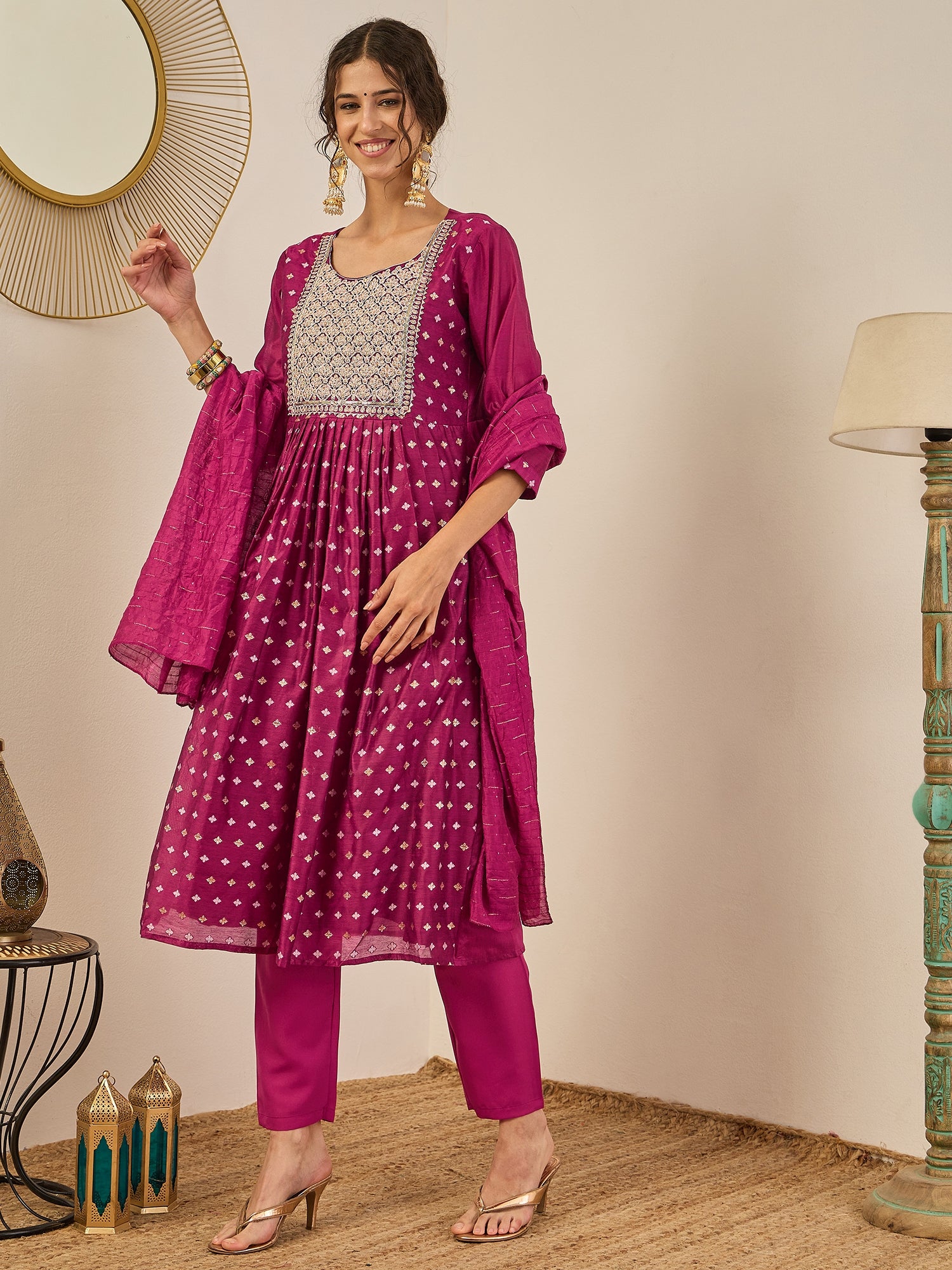 Phool Embroidered Chanderi Purple Suit Set with Dupatta Ethnic Sets