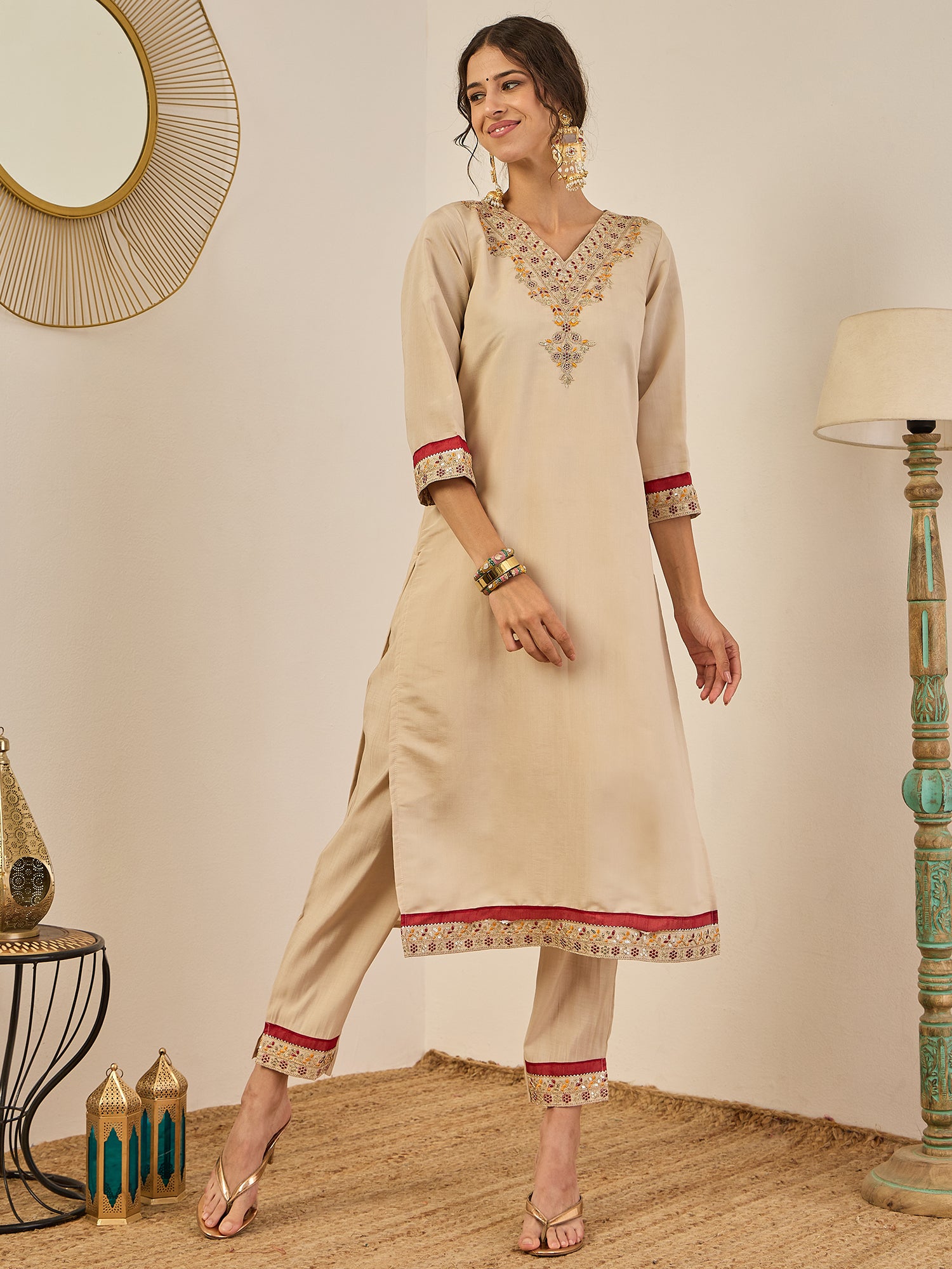 Varnika Women’s Silk Blend Kurta Pant Set with Banarasi Dupatta Embroidered Ethnic Wear for Elegant Look