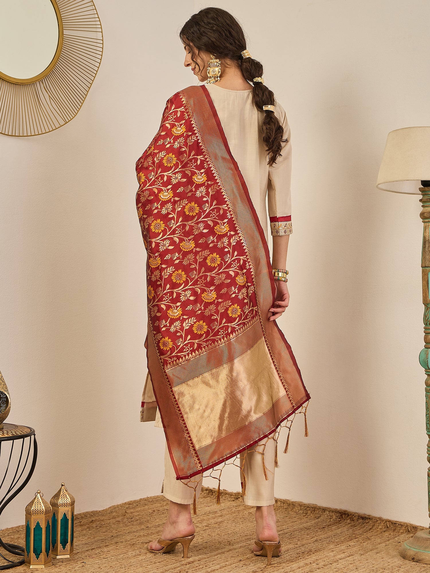 Varnika Women’s Silk Blend Kurta Pant Set with Banarasi Dupatta Embroidered Ethnic Wear for Elegant Look