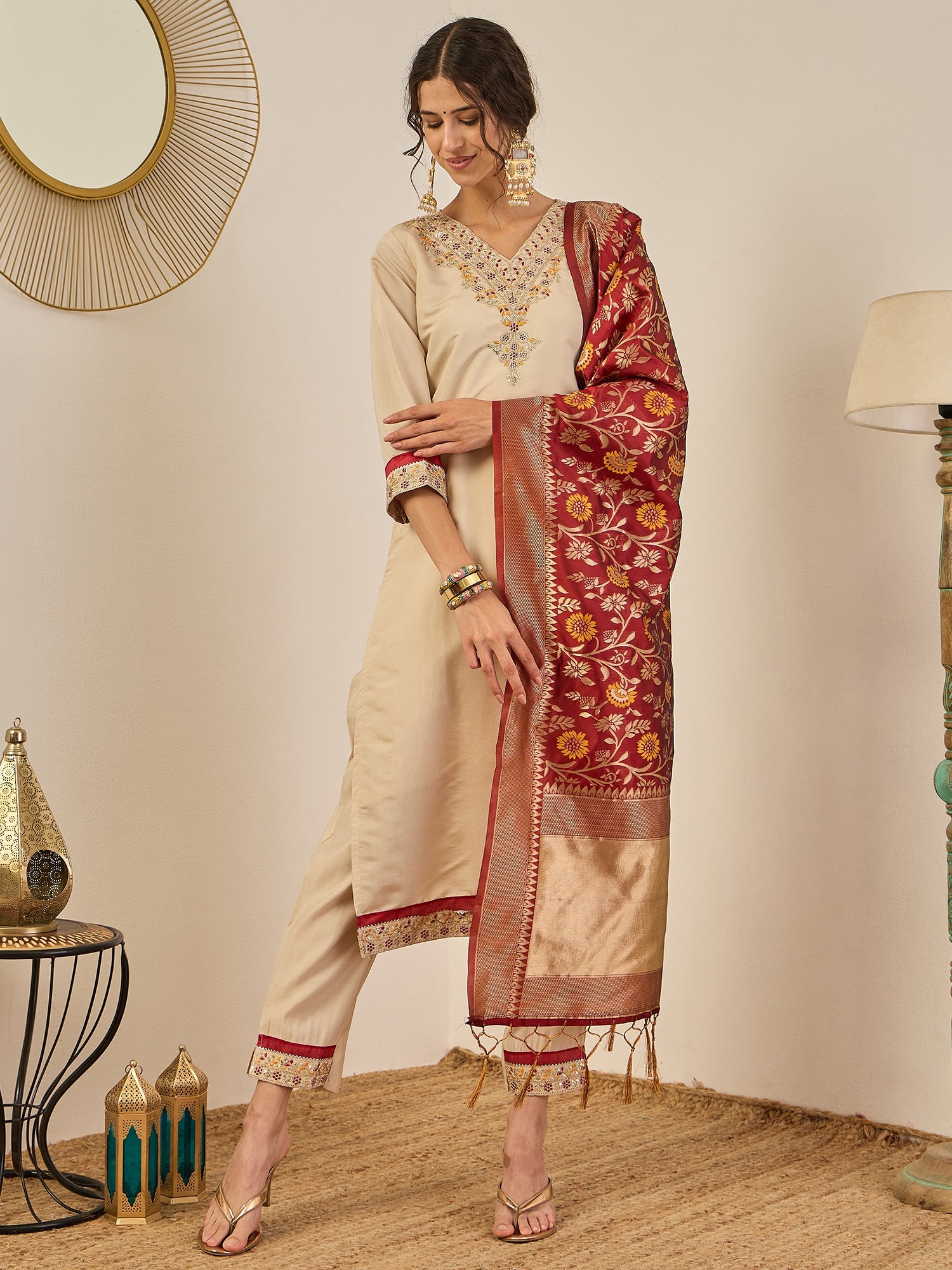 Varnika Women’s Silk Blend Kurta Pant Set with Banarasi Dupatta Embroidered Ethnic Wear for Elegant Look