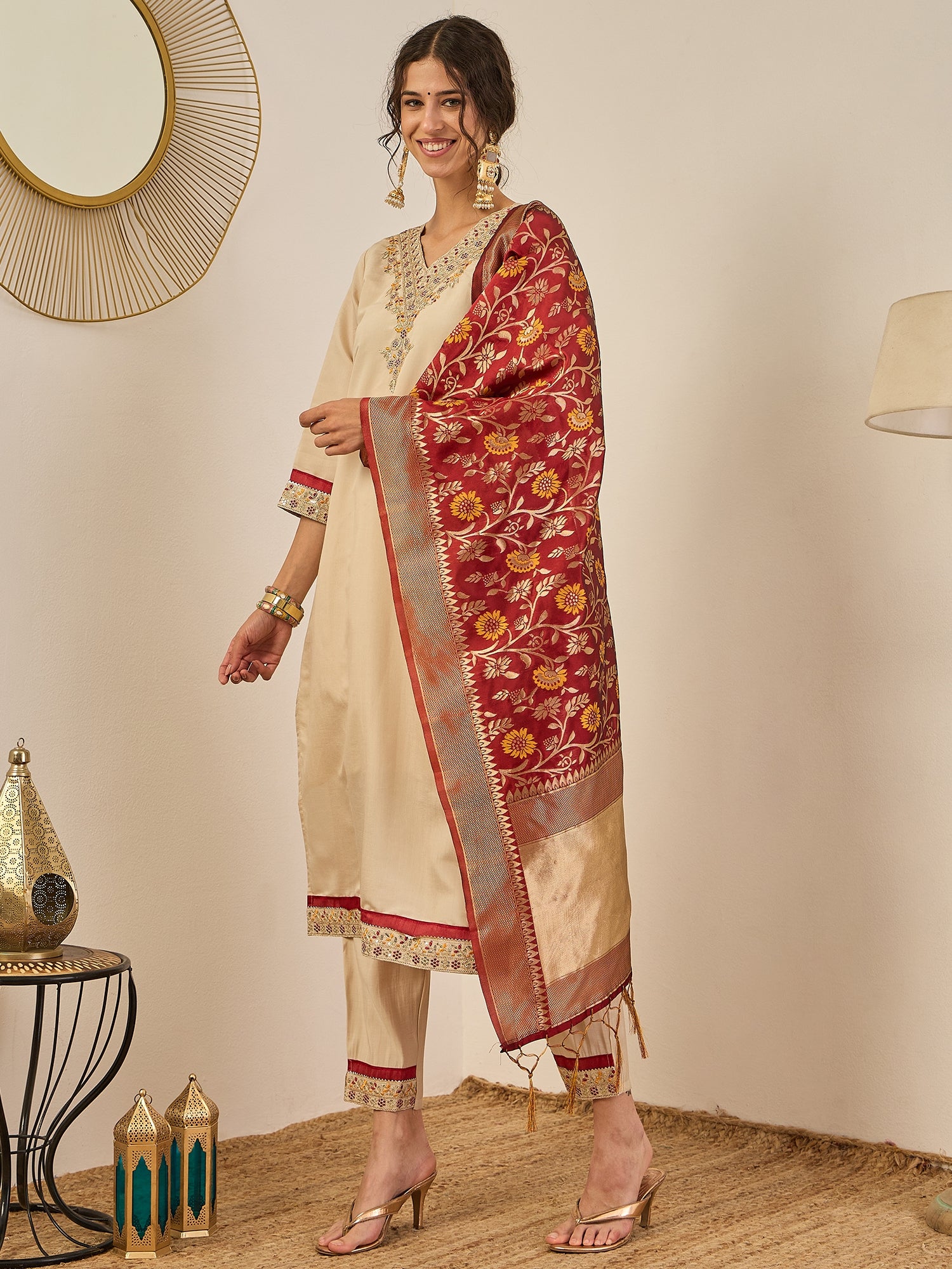 Varnika Women’s Silk Blend Kurta Pant Set with Banarasi Dupatta Embroidered Ethnic Wear for Elegant Look