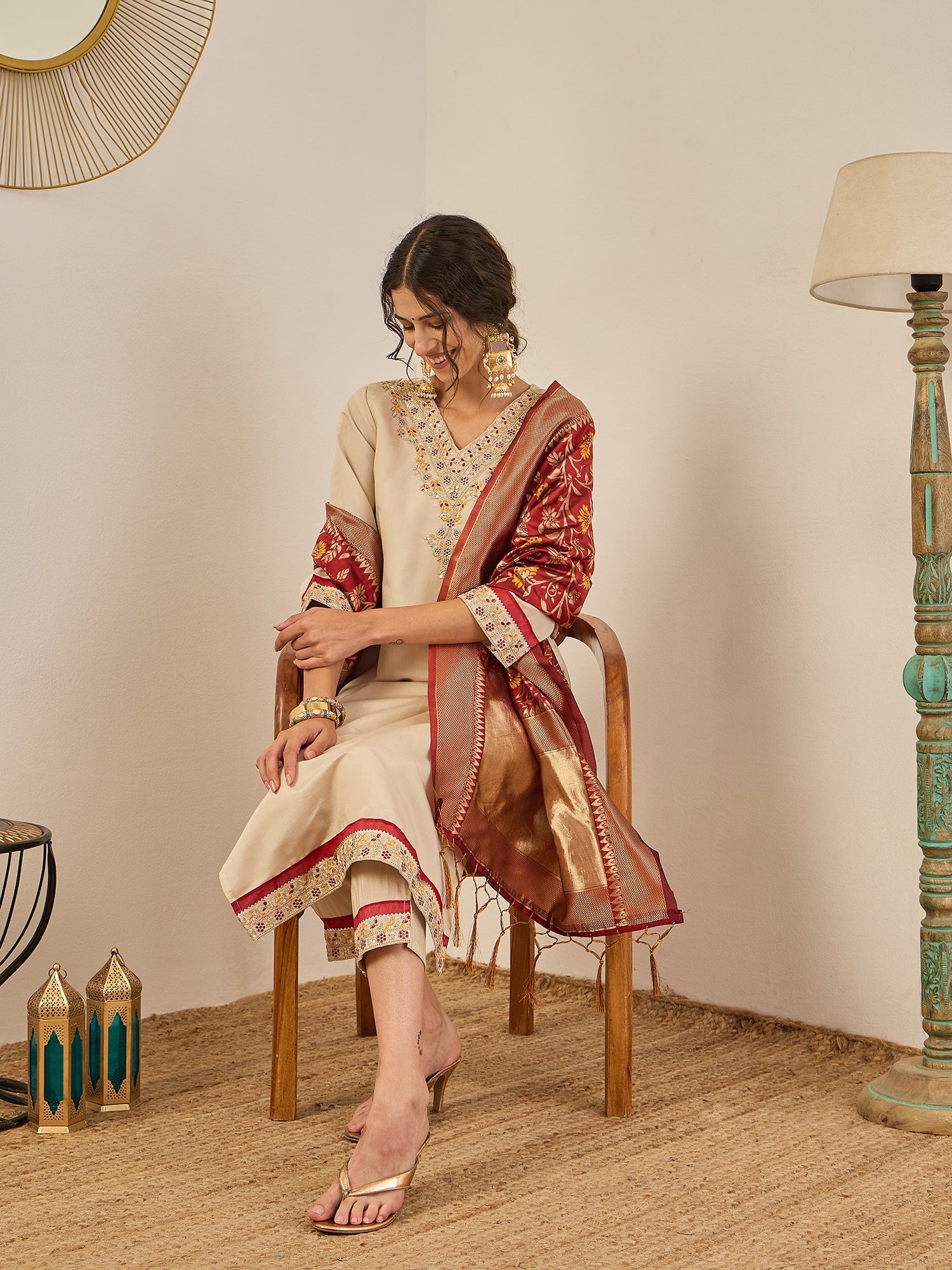 Varnika Women’s Silk Blend Kurta Pant Set with Banarasi Dupatta Embroidered Ethnic Wear for Elegant Look