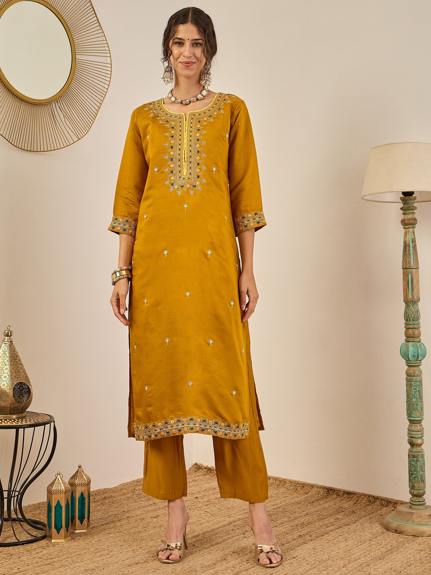 Varnita Women's Embroidered Silk Blend Calf Length Straight Kurta Trouser with Dupatta Set