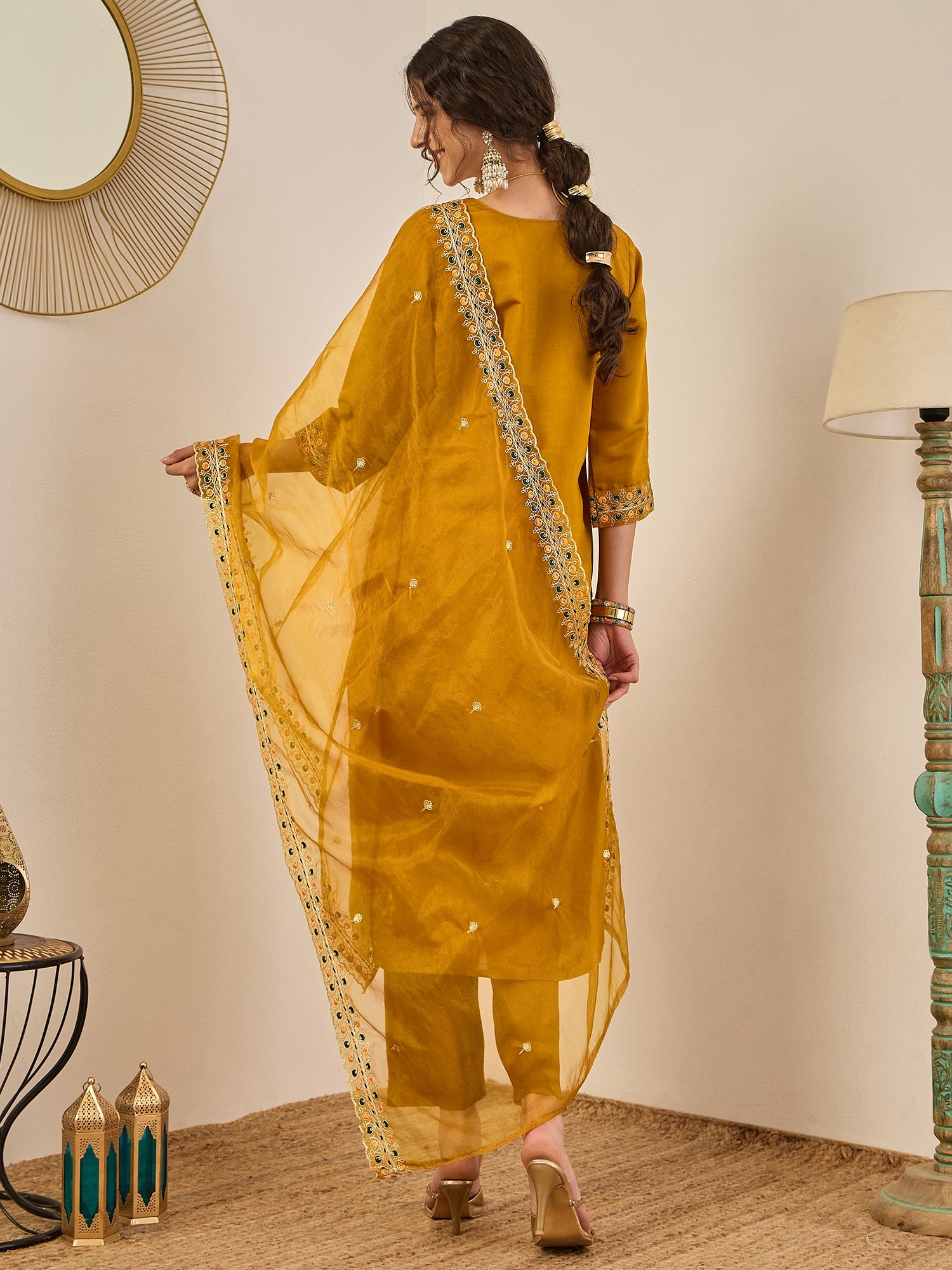 Varnita Women's Embroidered Silk Blend Calf Length Straight Kurta Trouser with Dupatta Set
