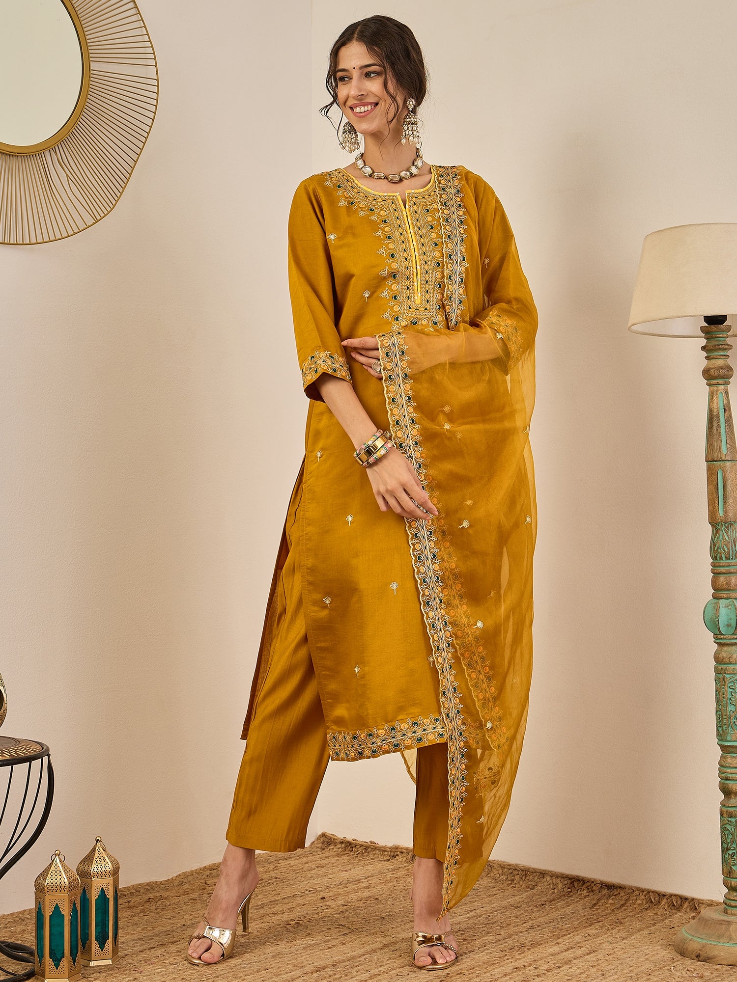 Varnita Women's Embroidered Silk Blend Calf Length Straight Kurta Trouser with Dupatta Set