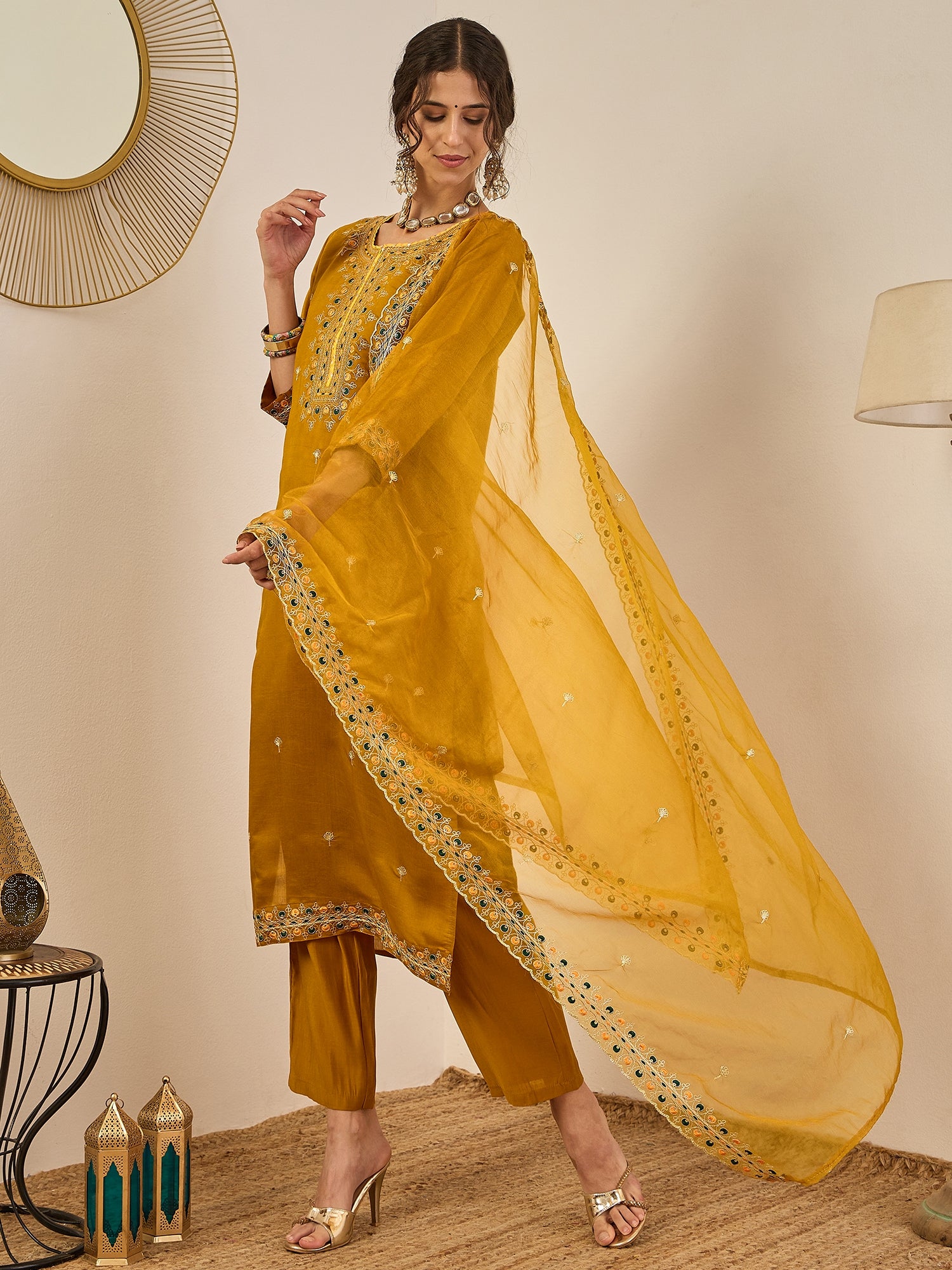 Varnita Women's Embroidered Silk Blend Calf Length Straight Kurta Trouser with Dupatta Set