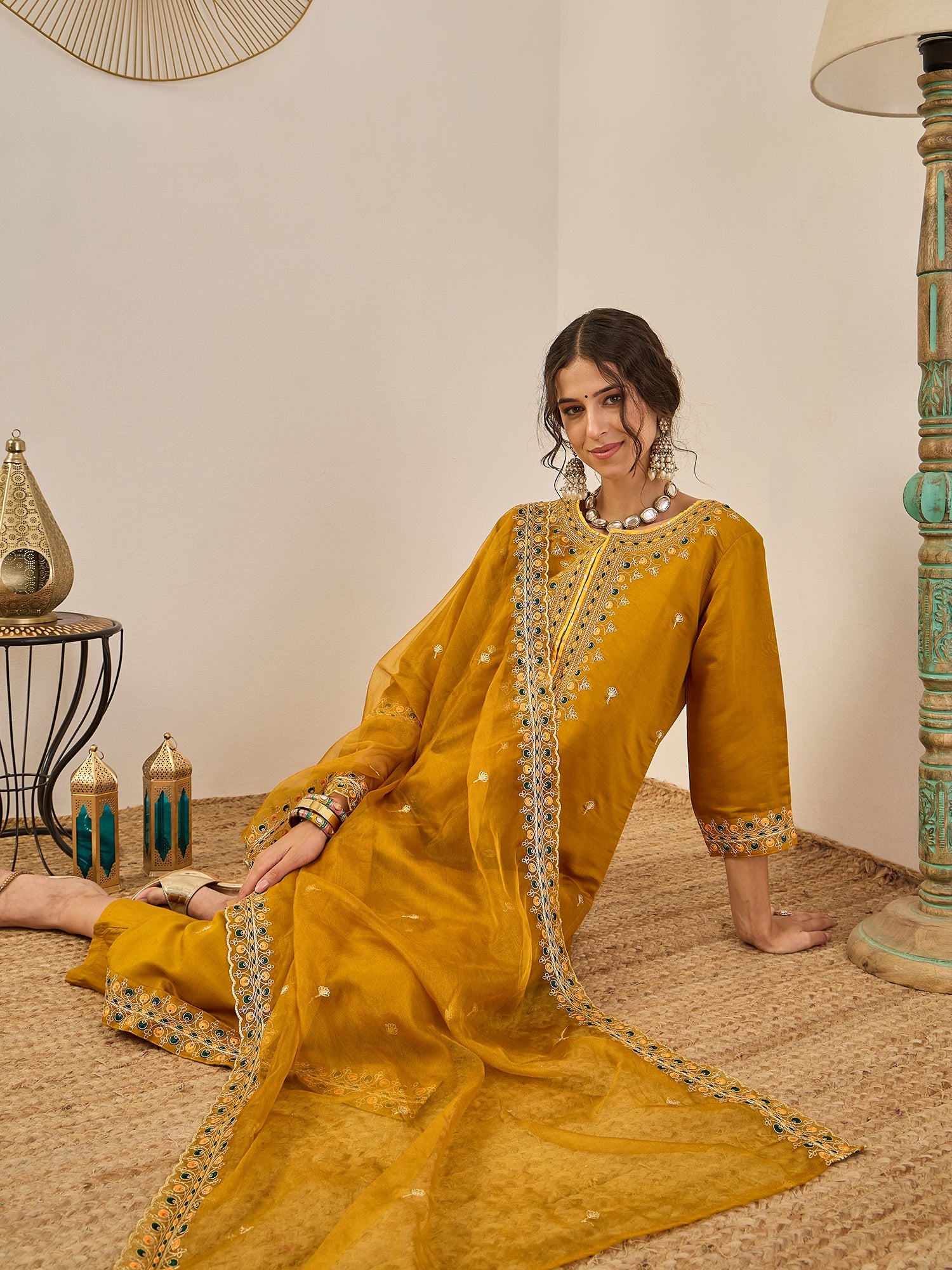 Varnita Women's Embroidered Silk Blend Calf Length Straight Kurta Trouser with Dupatta Set