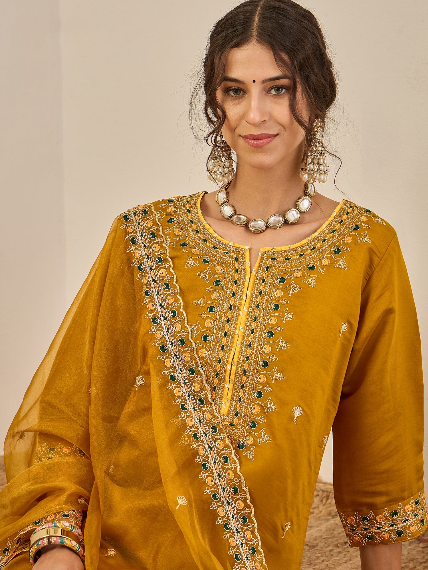 Varnita Women's Embroidered Silk Blend Calf Length Straight Kurta Trouser with Dupatta Set