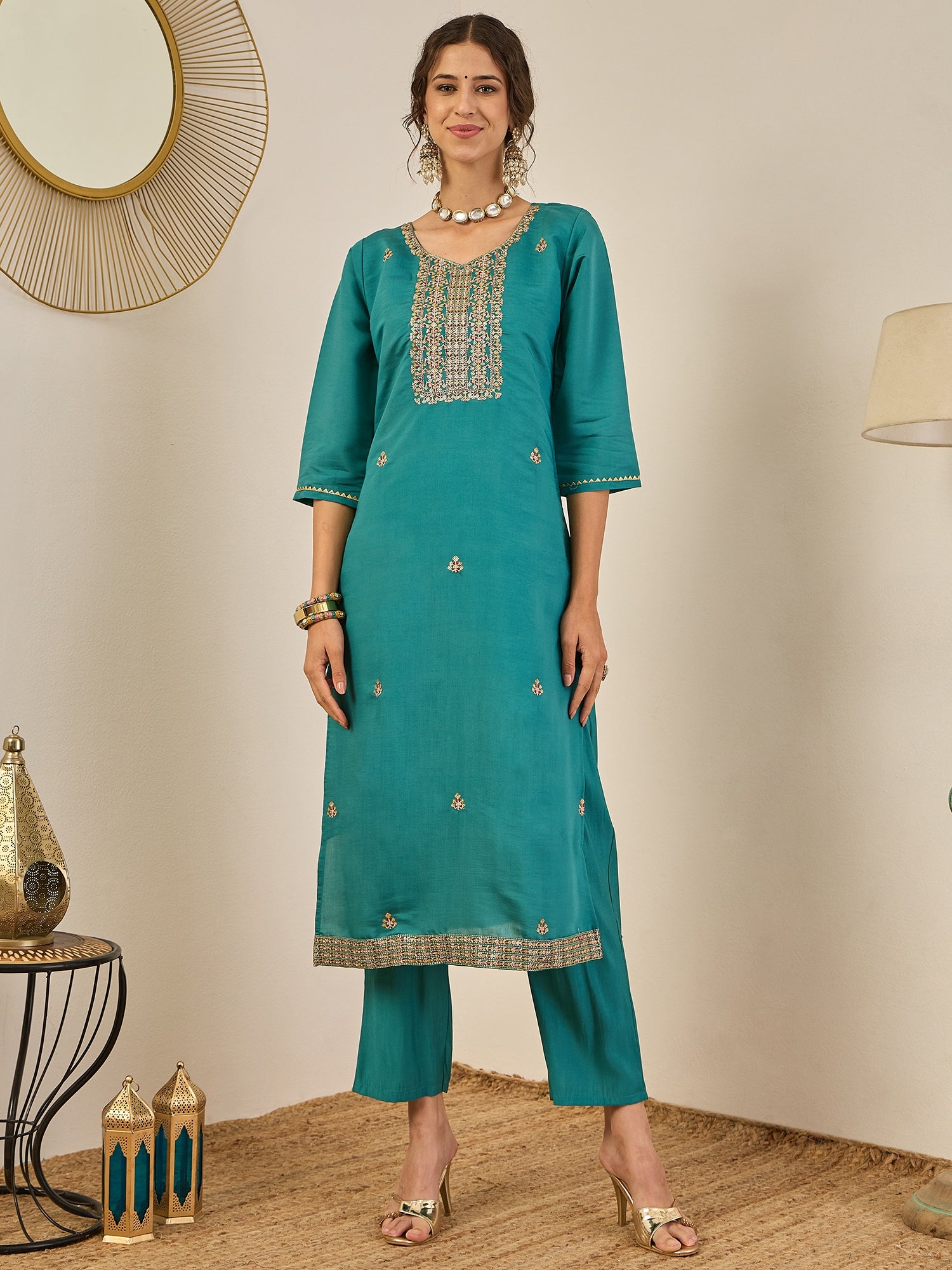 Vedhika Women's Embroidered Silk Blend Calf Length Straight Kurta Trouser with Dupatta Set
