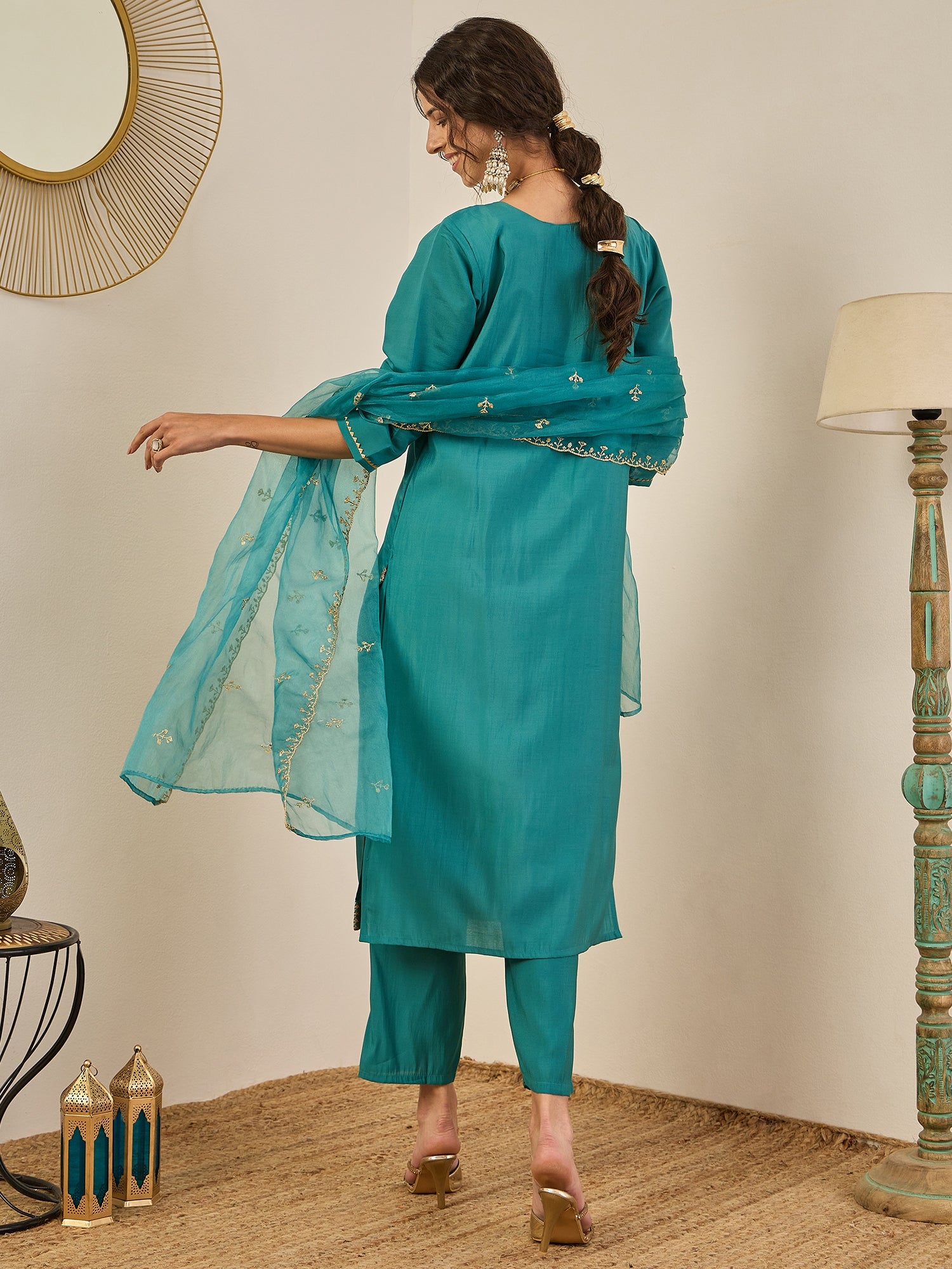 Vedhika Women's Embroidered Silk Blend Calf Length Straight Kurta Trouser with Dupatta Set